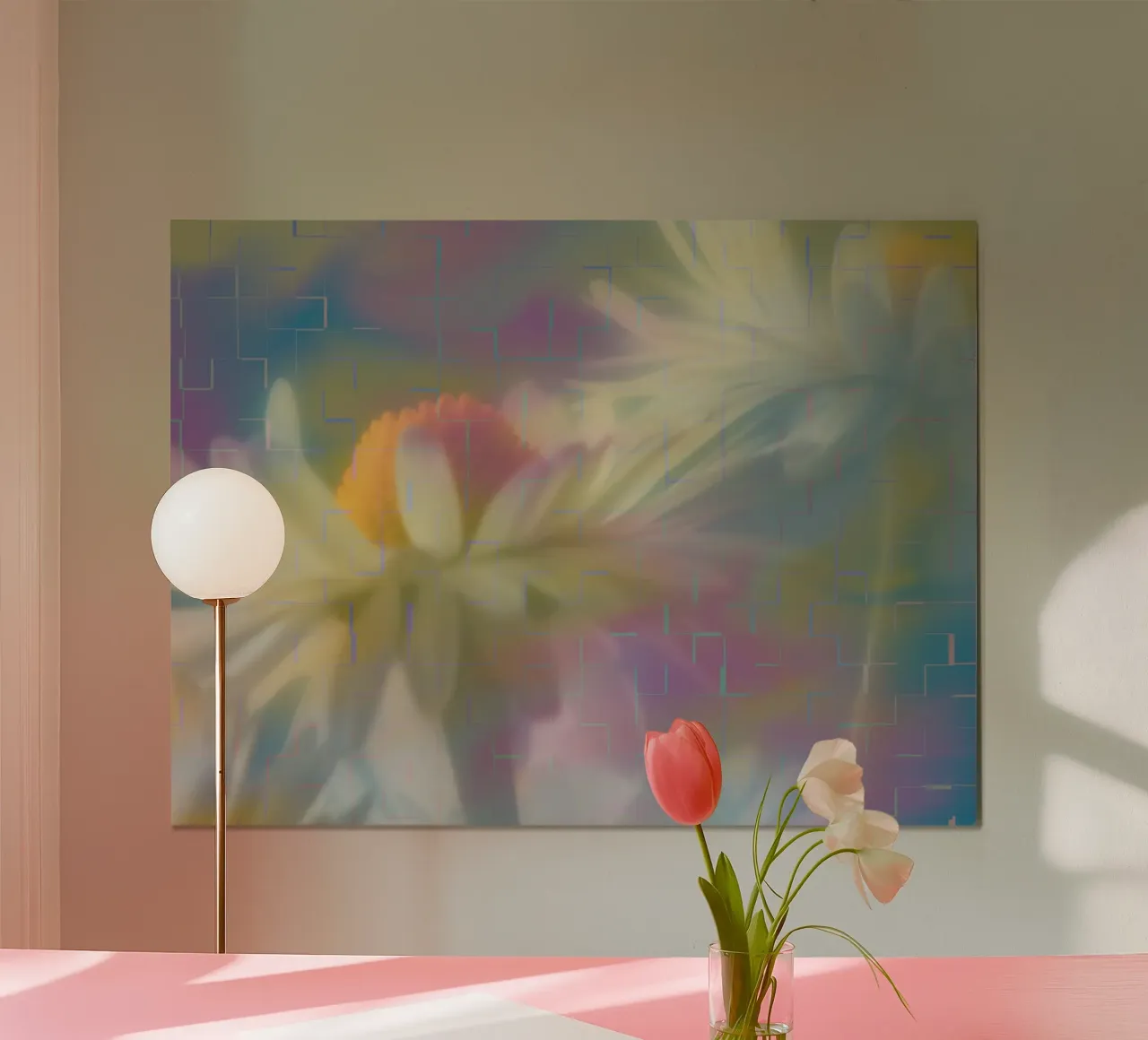 Due margherite su uno sfondo colorato poster con telaio in legno da Something for you