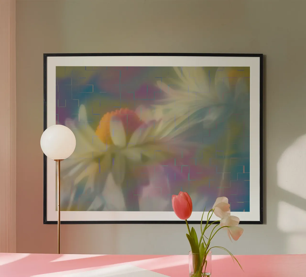 Due margherite su uno sfondo colorato poster con telaio in legno da Something for you