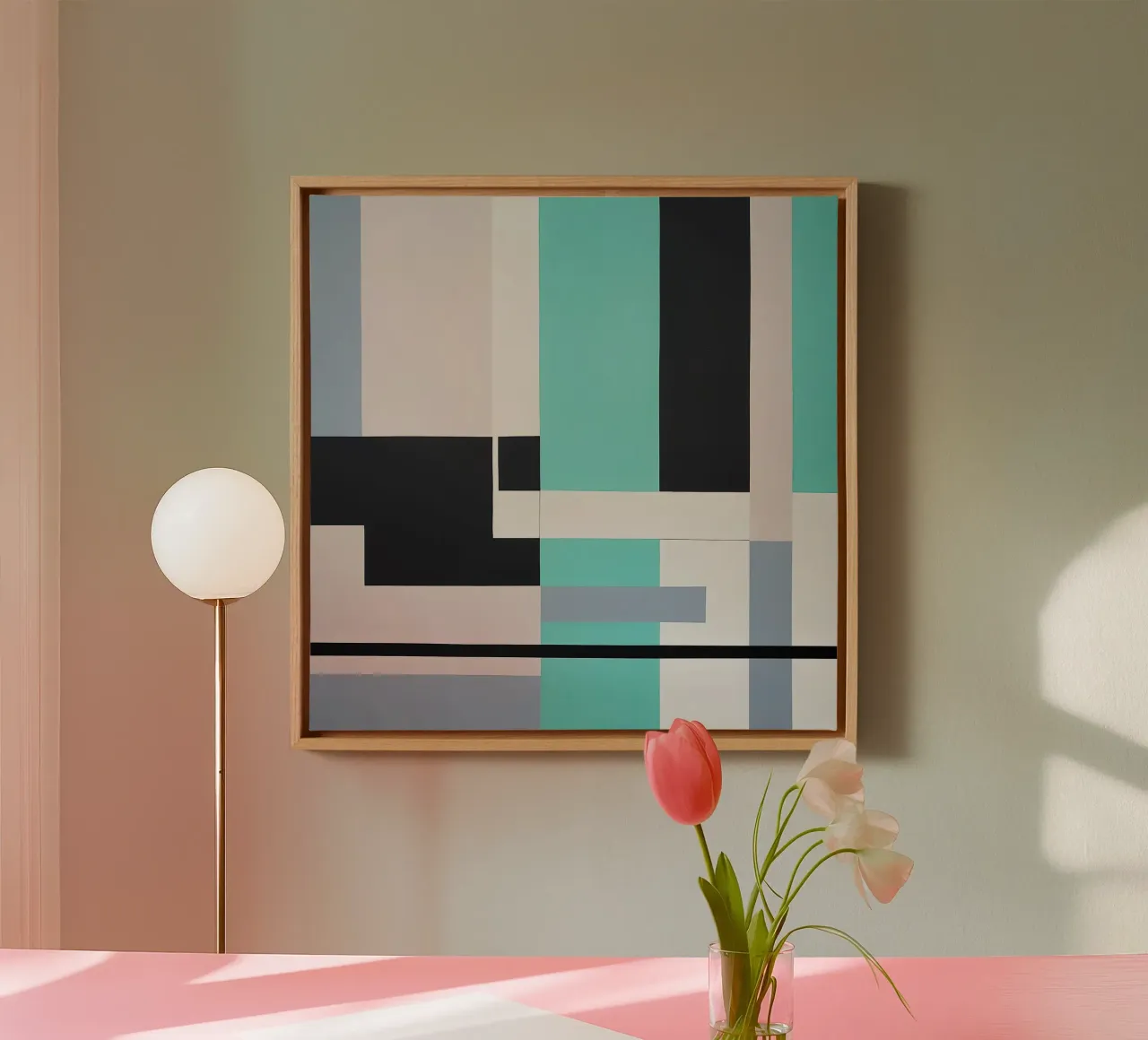 Geometric Balance in Soft Tones canvas with Floater frame by Artbyvo