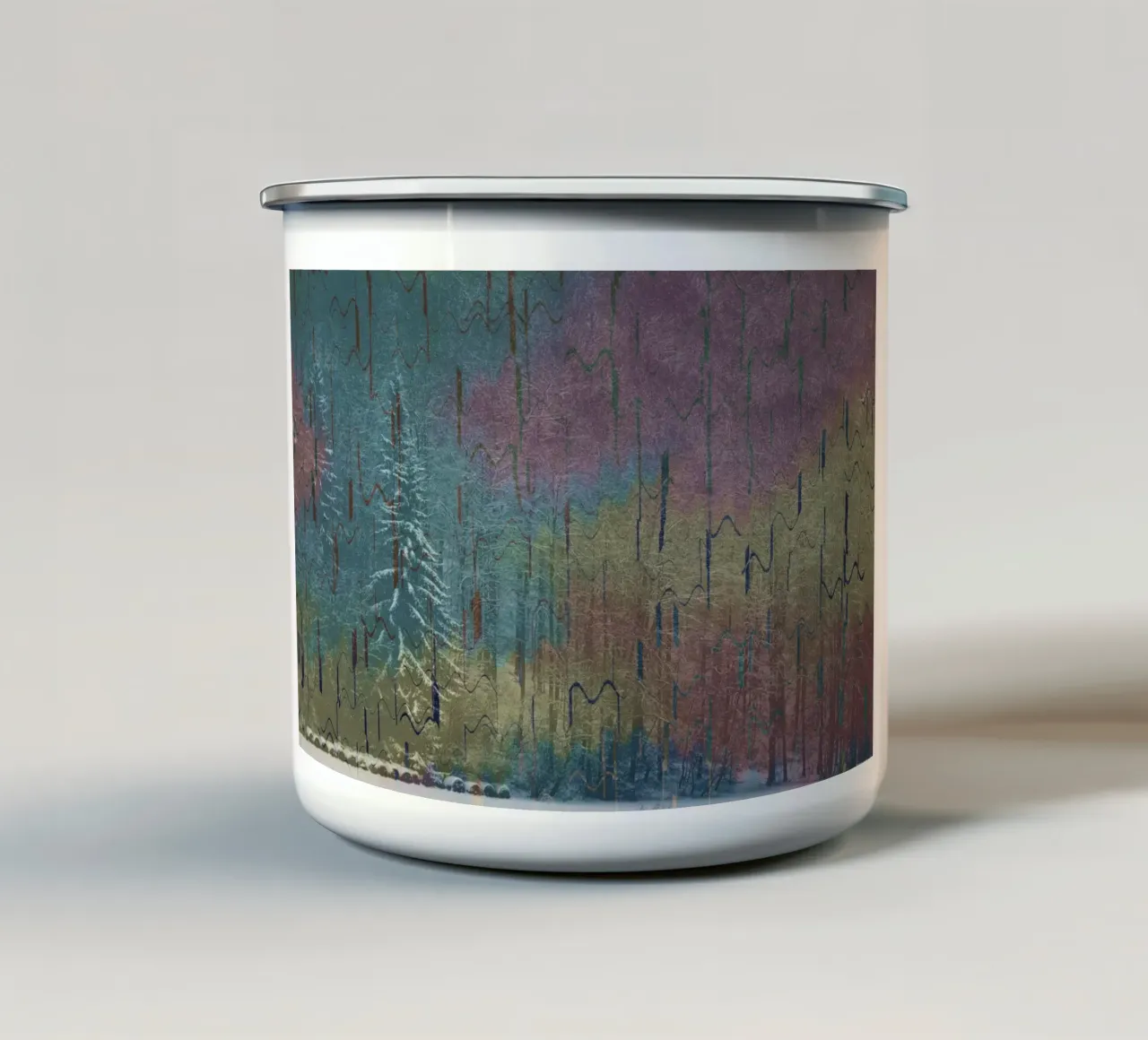 Due alberi in inverno su uno sfondo colorato tazza in smalto da Something for you