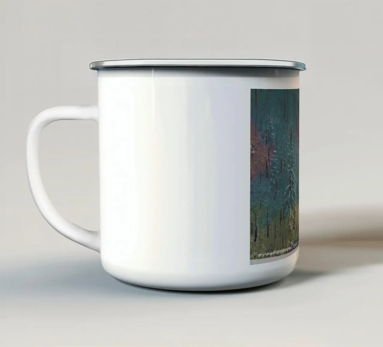 Due alberi in inverno su uno sfondo colorato tazza in smalto da Something for you