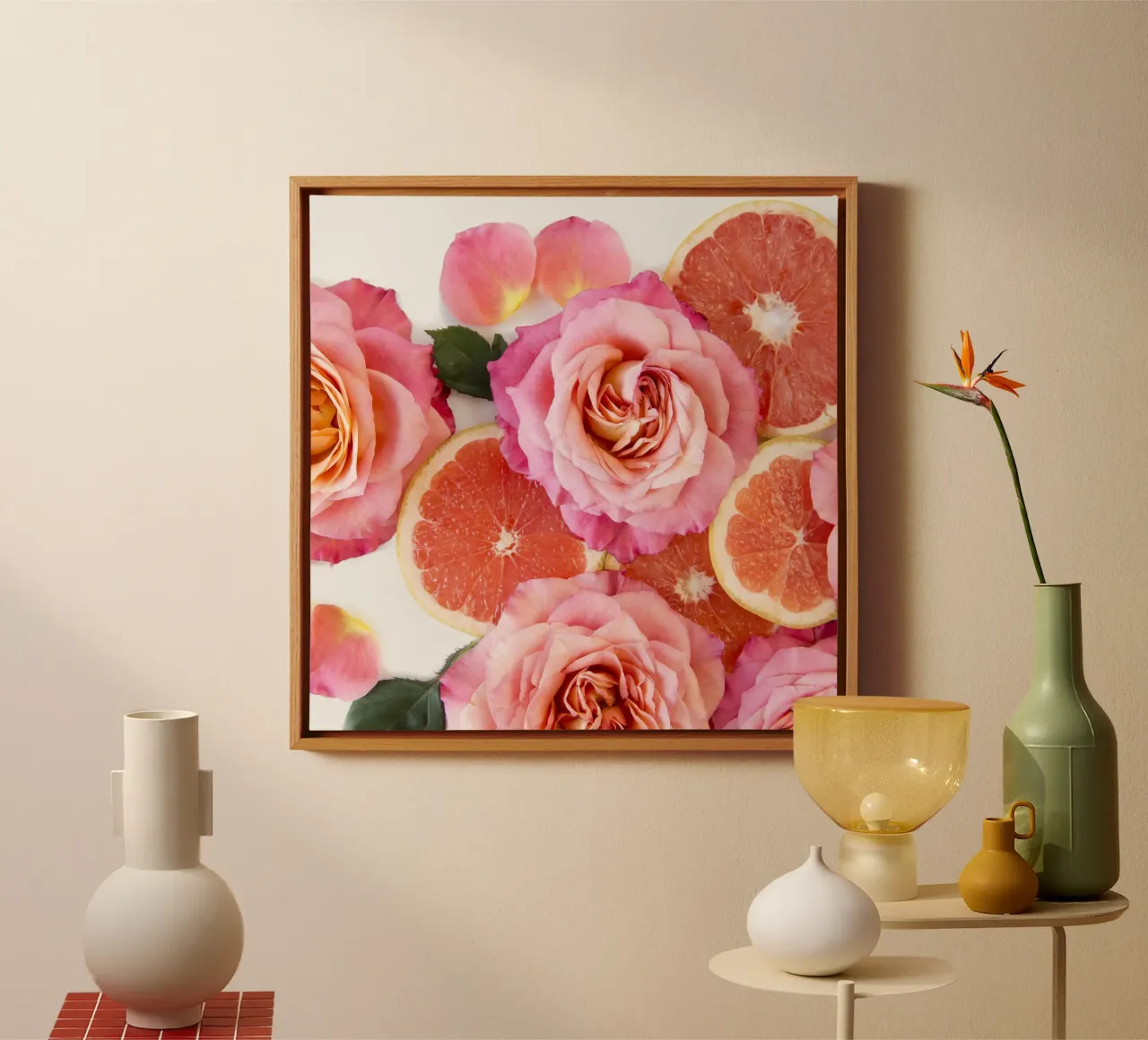 Grapefruit & Rozen canvas met Baklijst van PhotoVibe Decor