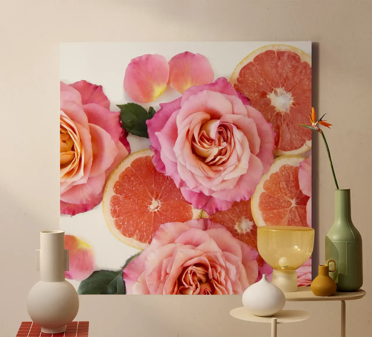 Grapefruit & Rozen canvas met Baklijst van PhotoVibe Decor
