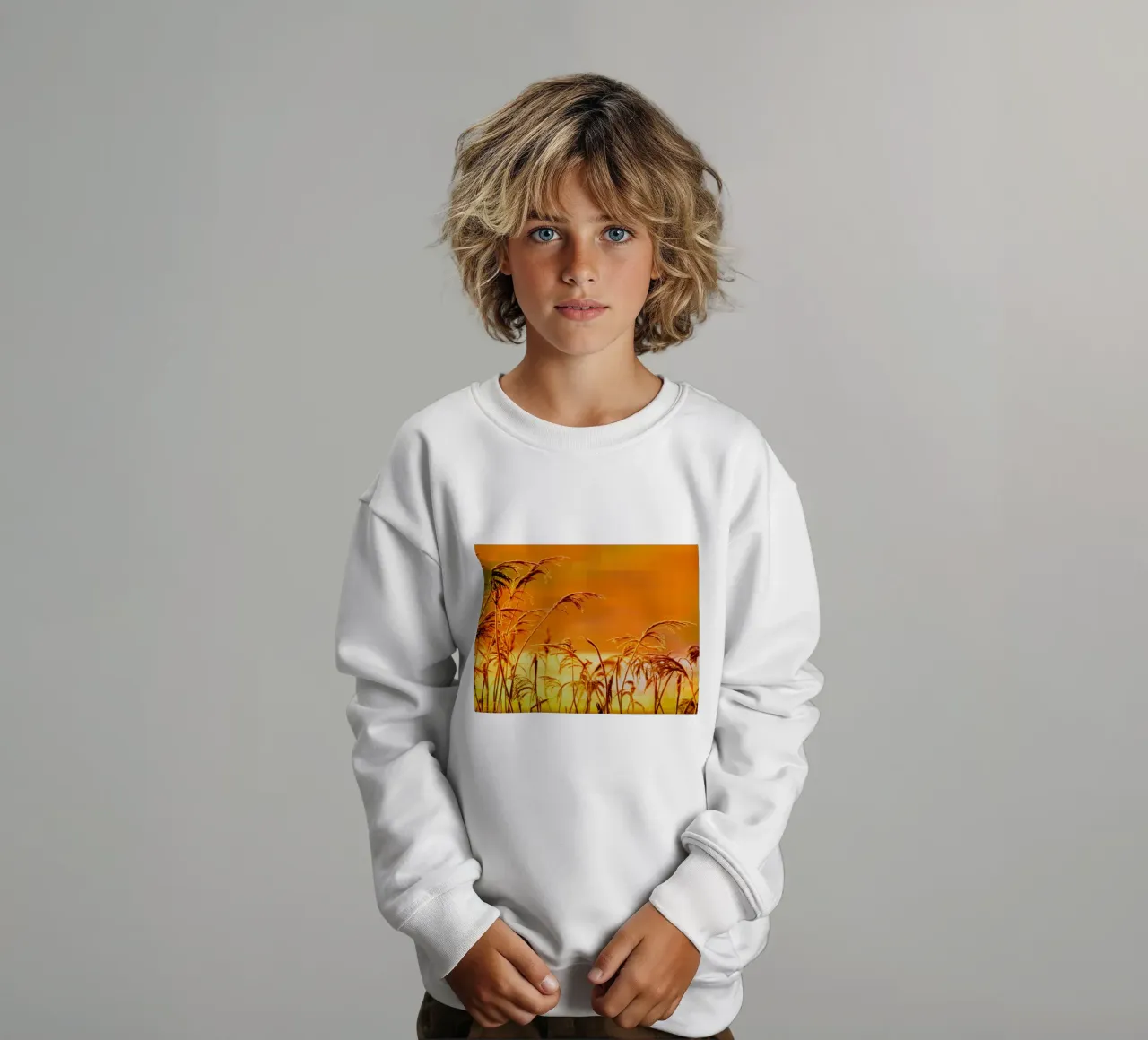 Golden reeds against an orange rectangular background kids sweatshirt by Something for you