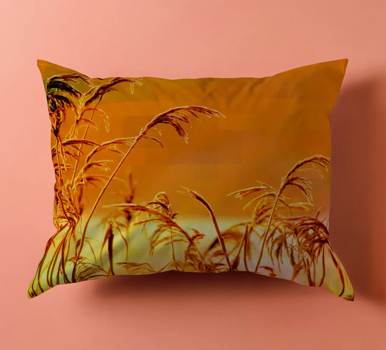 Golden reeds against an orange rectangular background decorative cushion by Something for you