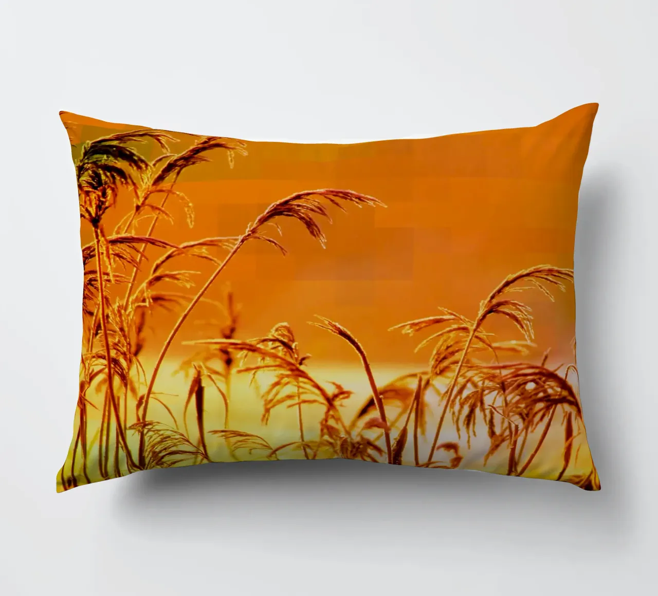 Golden reeds against an orange rectangular background decorative cushion by Something for you