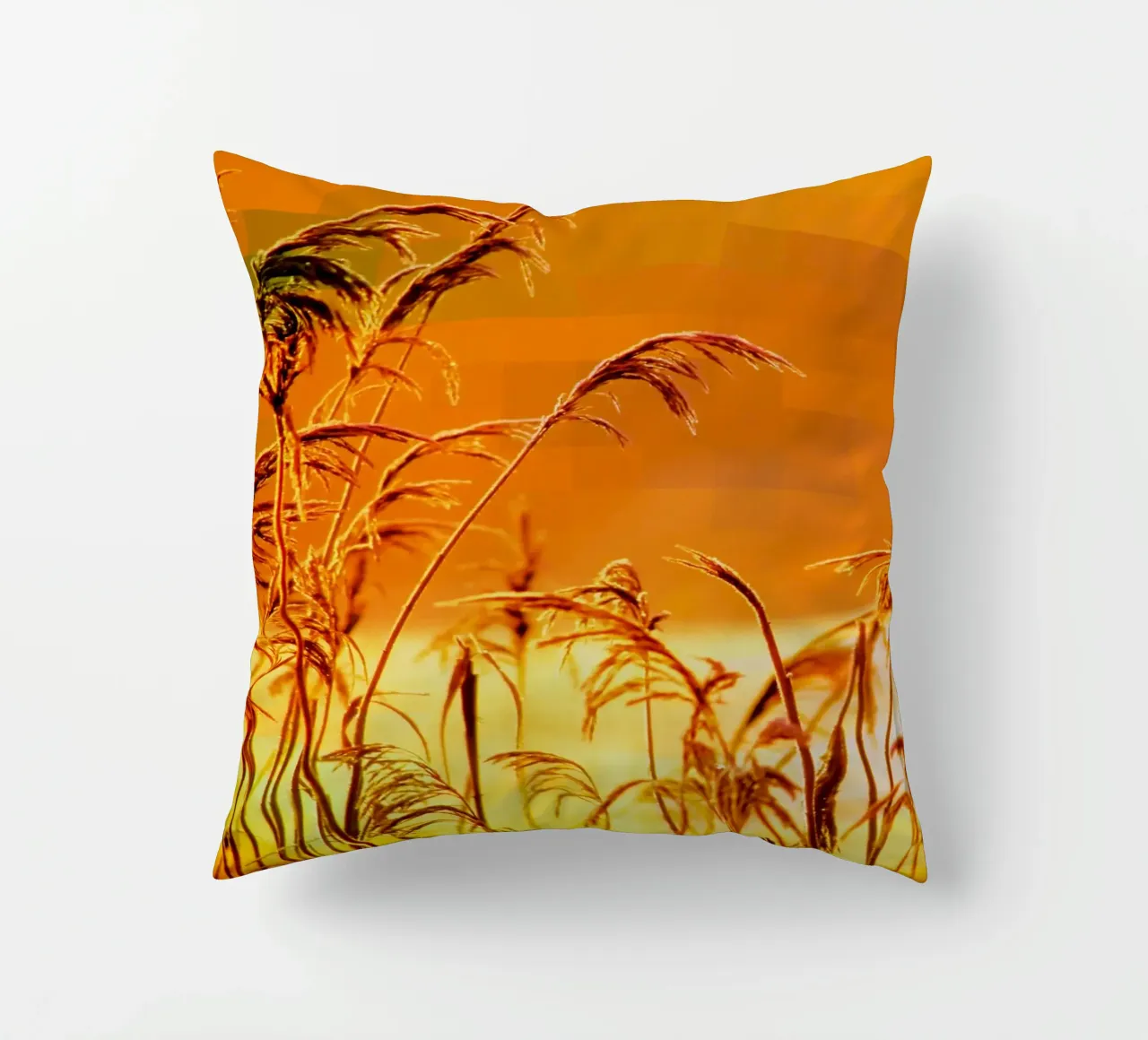 Golden reeds against an orange rectangular background decorative cushion by Something for you