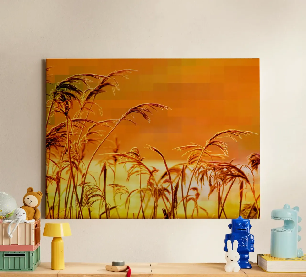 Golden reeds against an orange rectangular background canvas by Something for you
