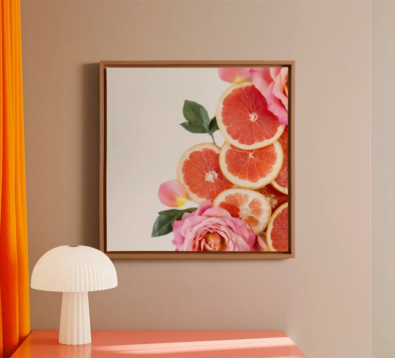 Grapefruit & Rozen canvas met Baklijst van PhotoVibe Decor