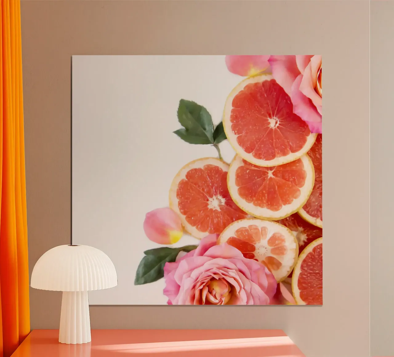 Pompelmo e rose poster con telaio in alluminio da PhotoVibe Decor