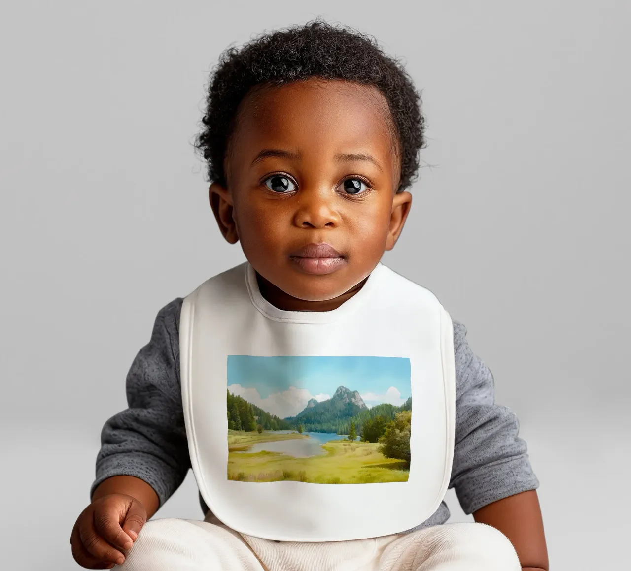 Serene Alpine Lake baby bib by FujiBrush