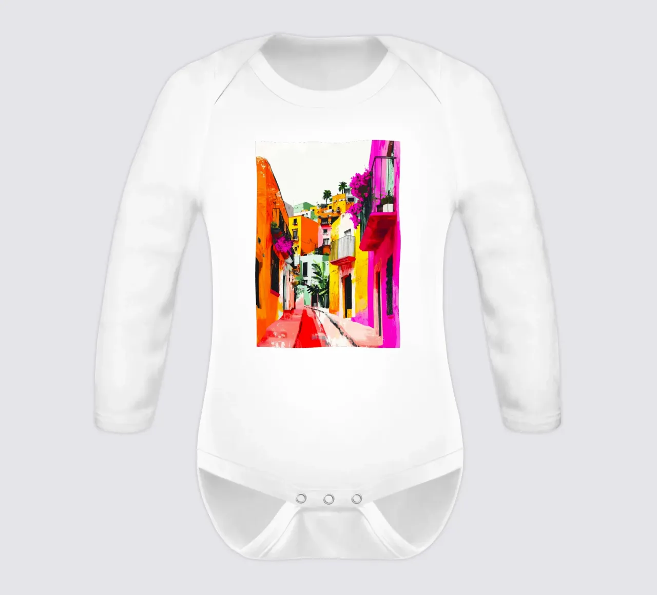 Mexican city long-sleeve baby romper by Justyna Jaszke JBJart