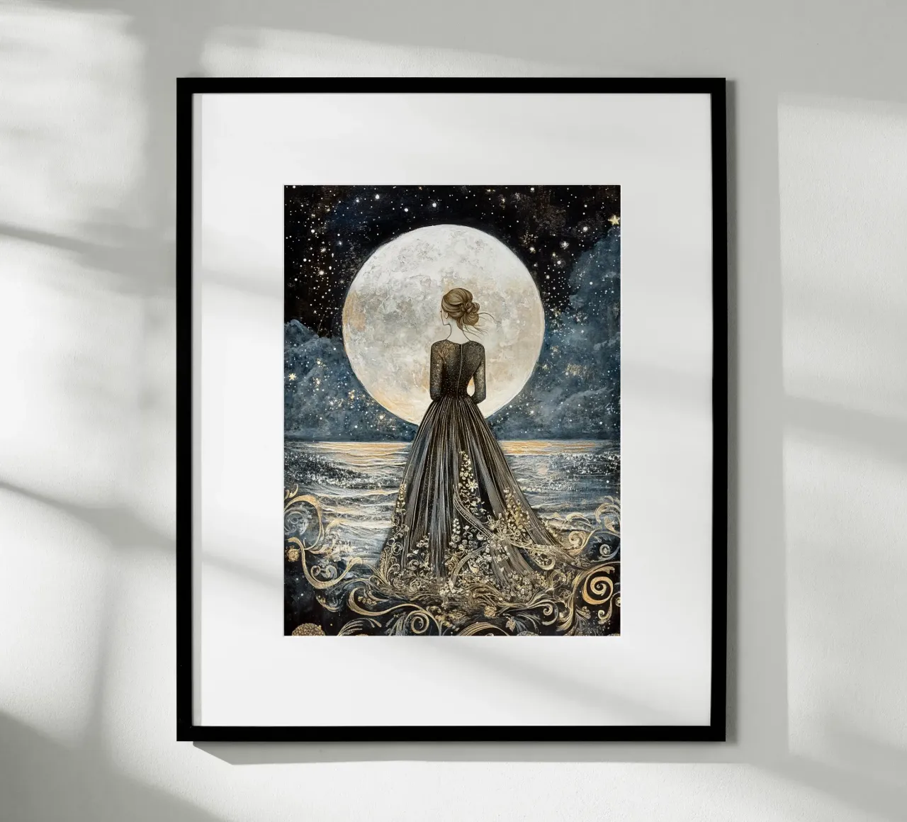 Luna e mare poster con telaio in legno da Art-Nouveau-Dsg
