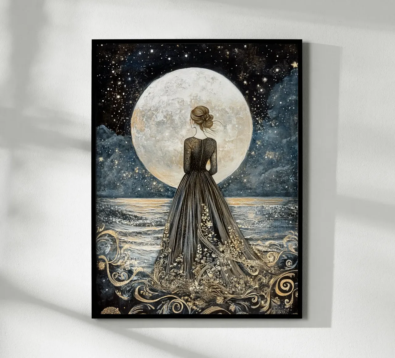 Luna e mare poster con telaio in legno da Art-Nouveau-Dsg
