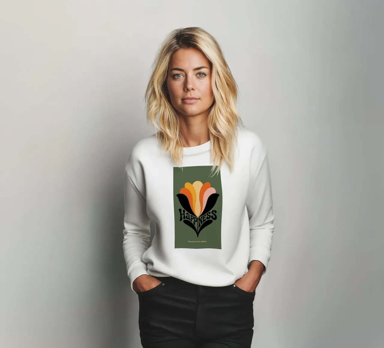 HAPPINESS BLOOMS FROM WITHIN felpa da 20 Farben
