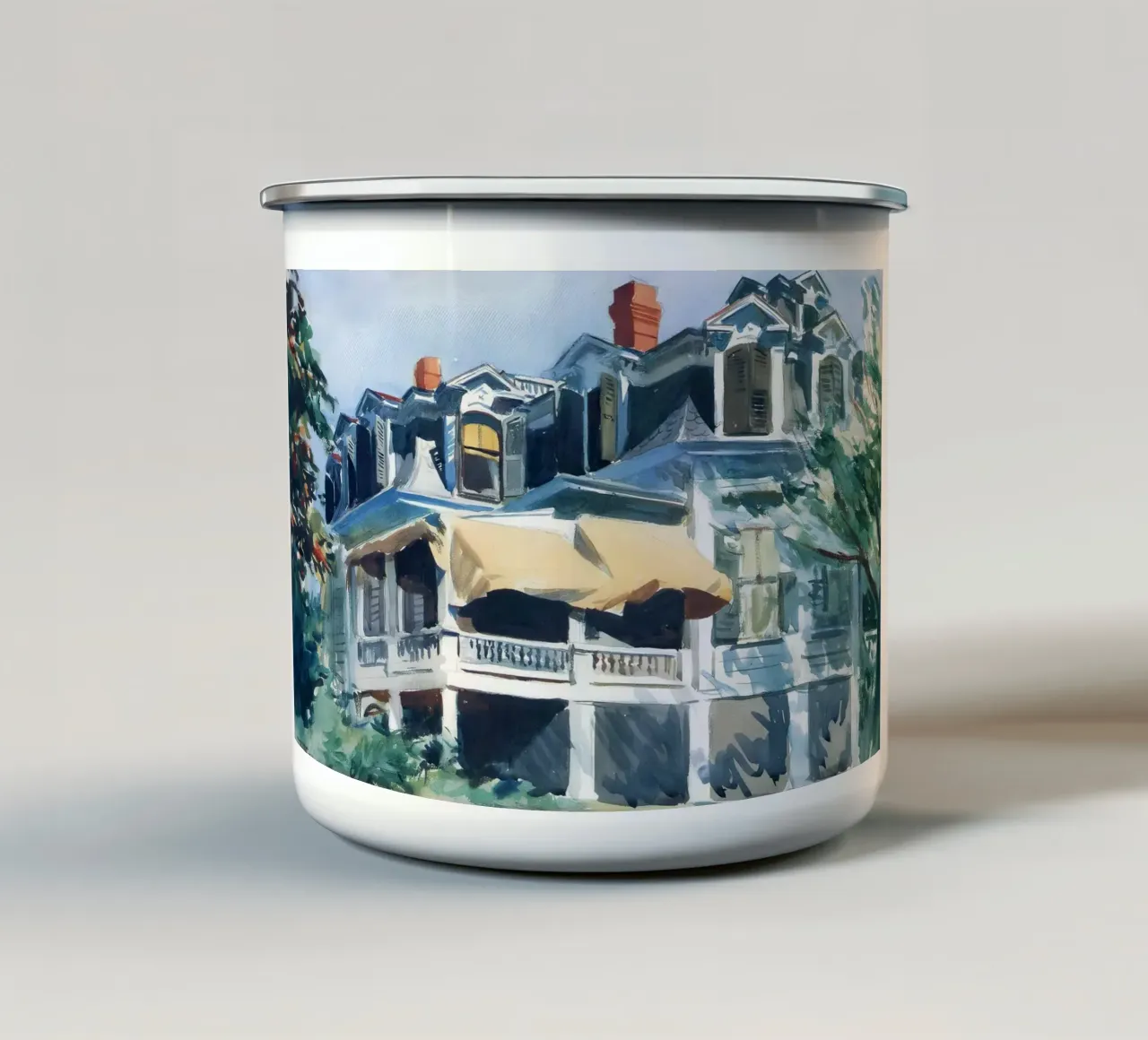 Mansardedak" van Hopper - Amerikaanse aquarel en architectuur emaille mok van NorwesClub