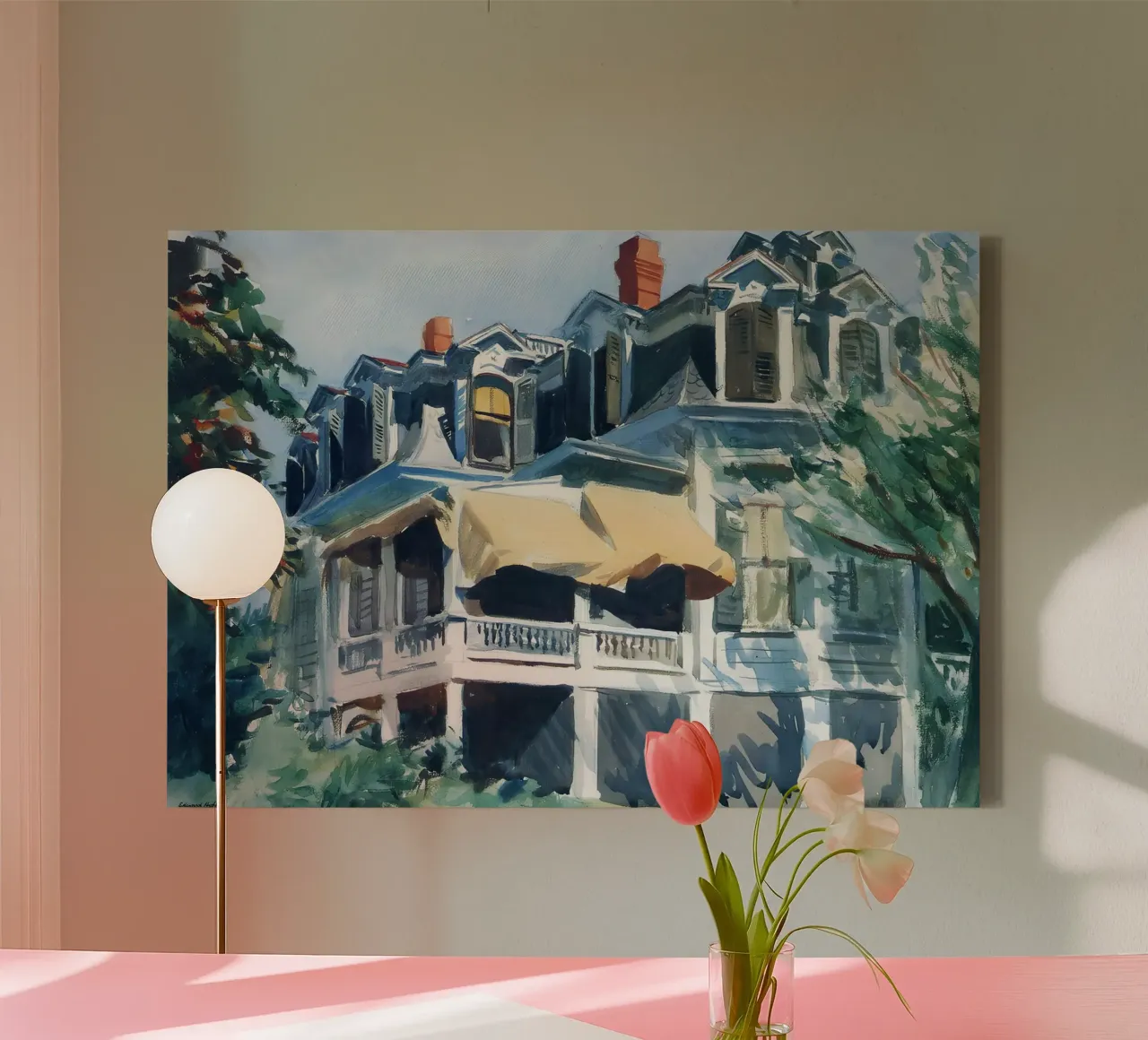 Mansardedak" van Hopper - Amerikaanse aquarel en architectuur canvas van NorwesClub