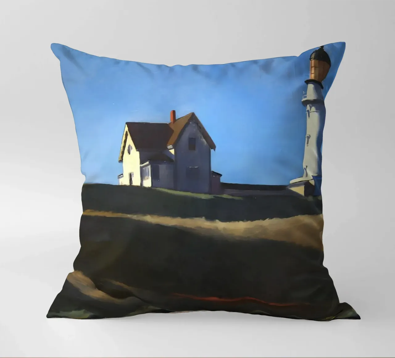 Hopper's "Lighthouse Hill" - Coastal Realism & Solitude Art decorative cushion by NorwesClub