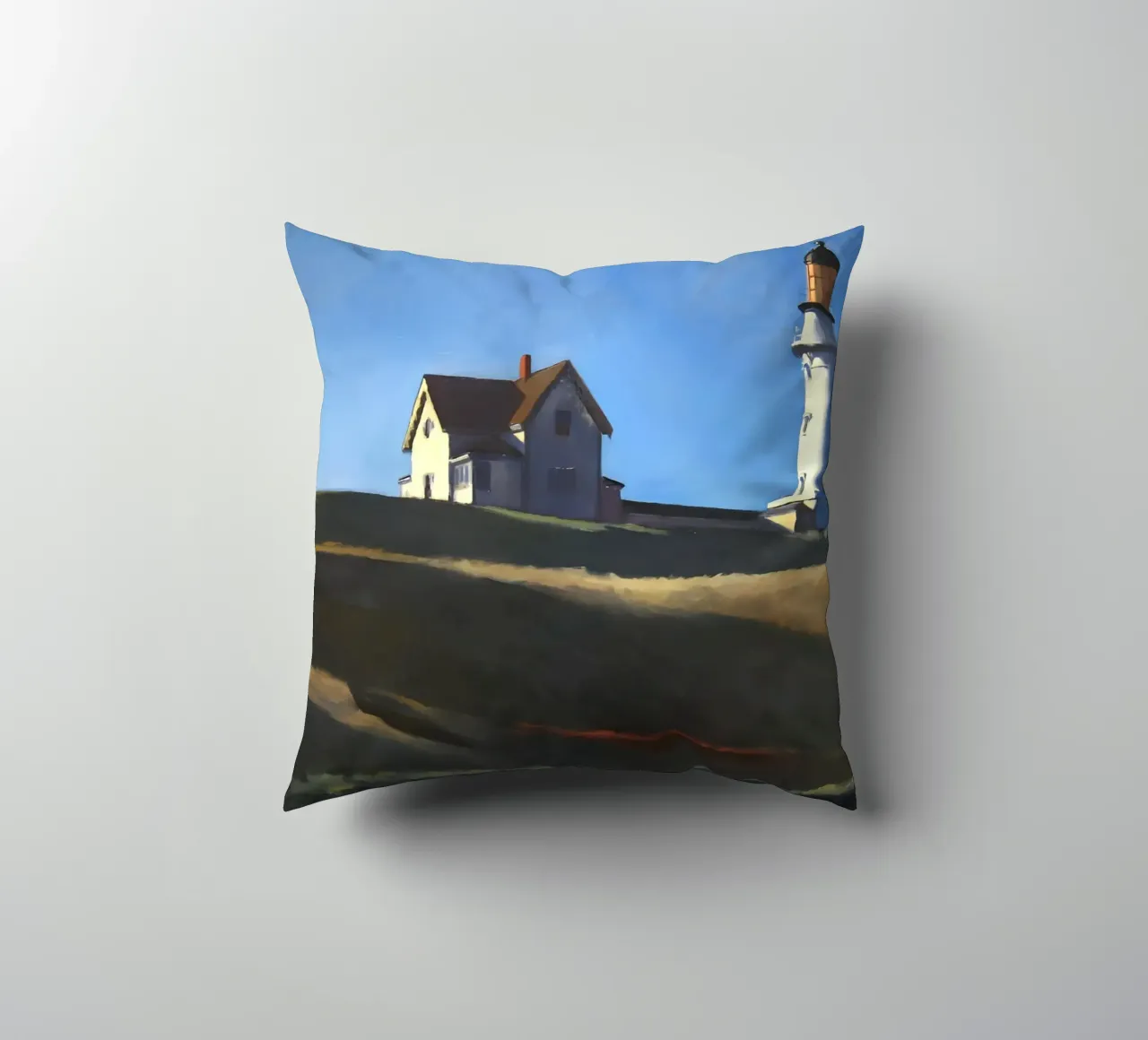 Hopper's "Lighthouse Hill" - Coastal Realism & Solitude Art decorative cushion by NorwesClub
