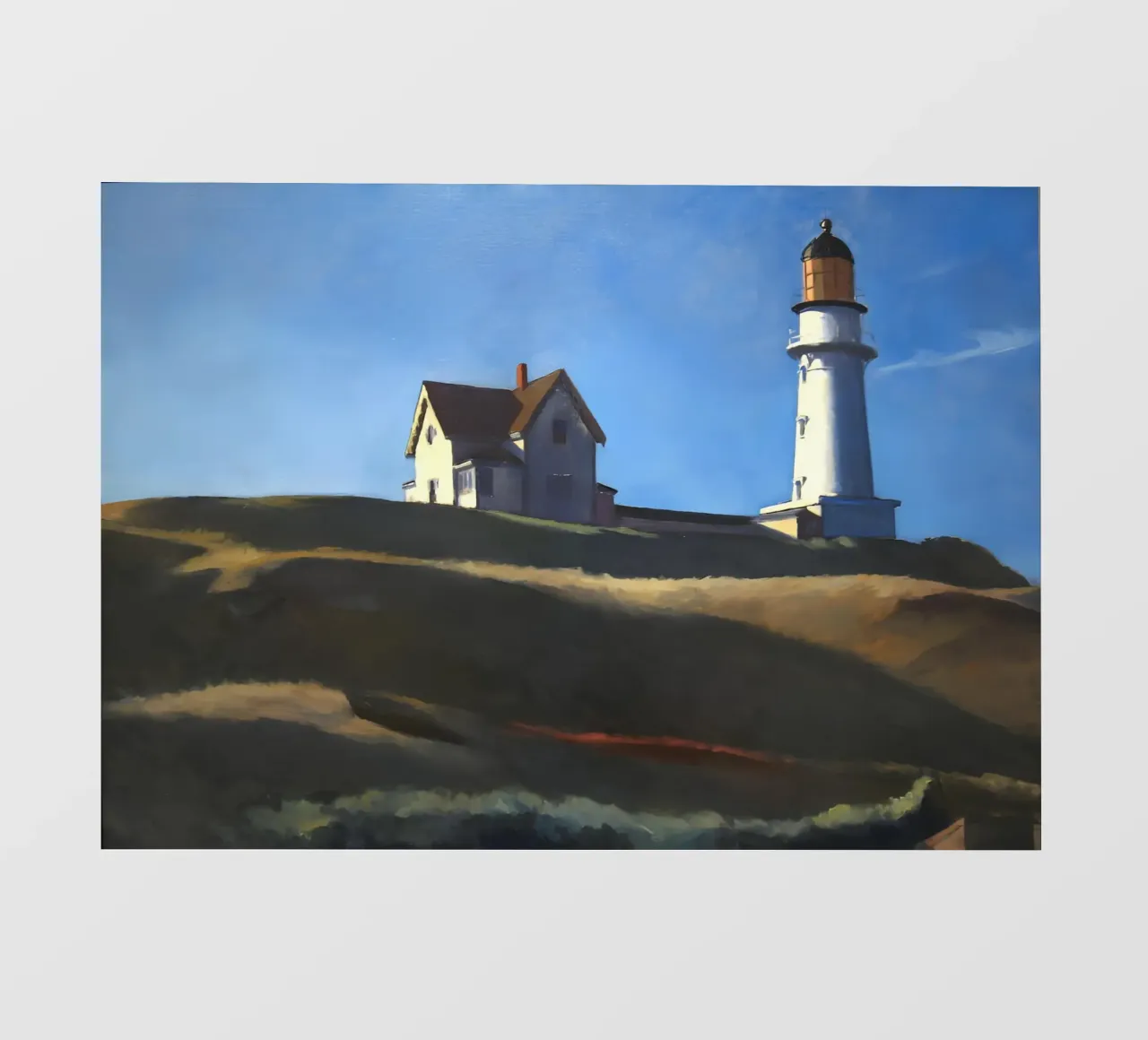 Hopper's "Lighthouse Hill" - Coastal Realism & Solitude Art backlit film by NorwesClub