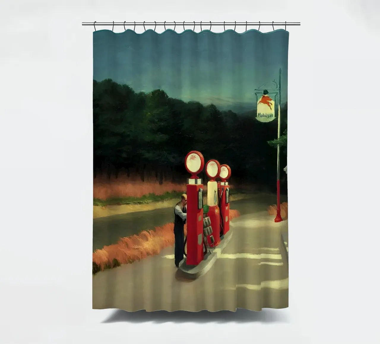 Gas" de Hopper - Realismo americano y escena solitaria al borde de la carretera cortina de baño de NorwesClub