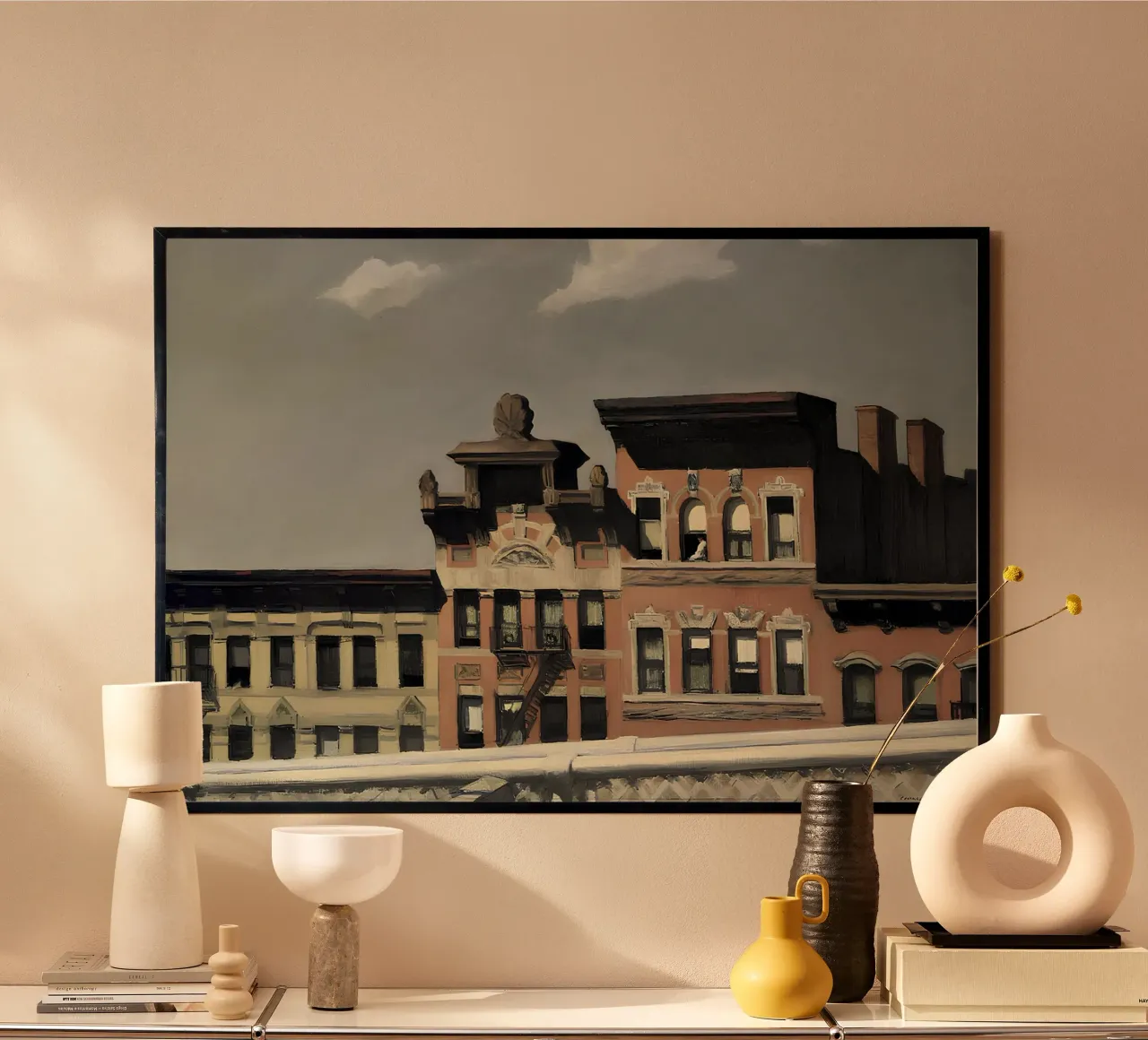Hopper's "Williamsburg Bridge" - NYC Realisme & Stedelijk Landschap poster met houten frame van NorwesClub