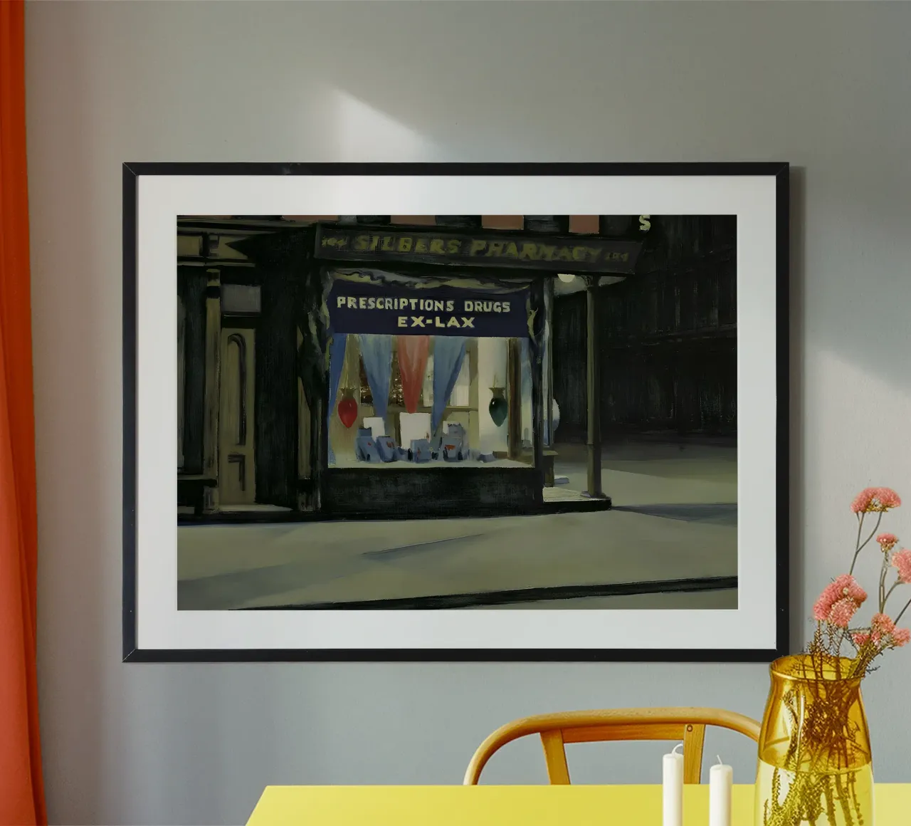 Il "Drug Store" di Hopper - Realismo americano e scena notturna urbana poster con telaio in plastica da NorwesClub