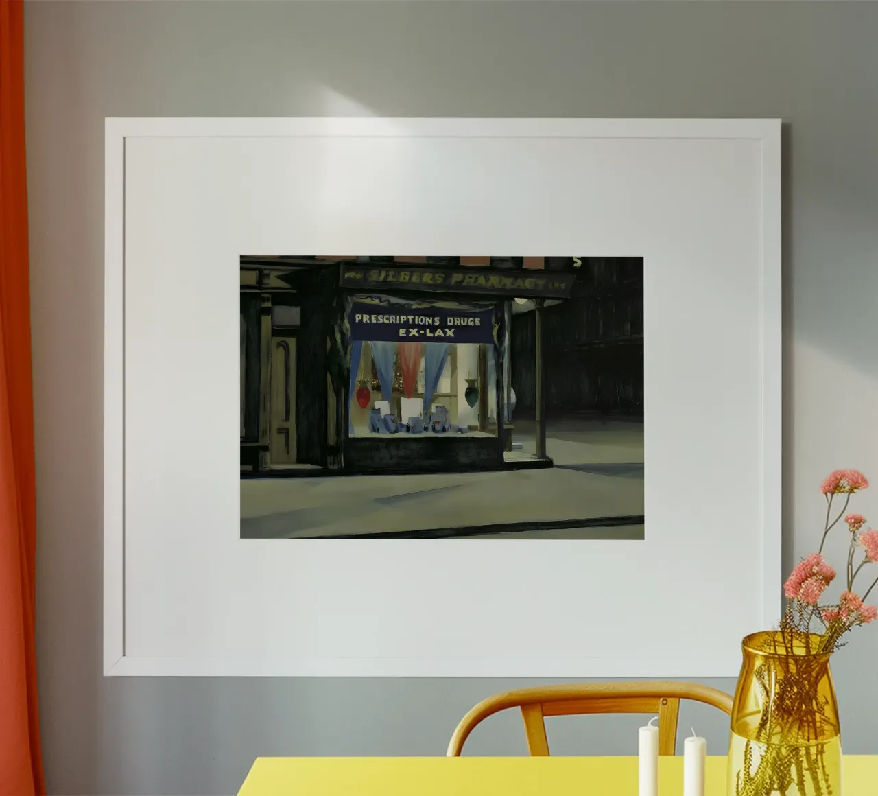 Il "Drug Store" di Hopper - Realismo americano e scena notturna urbana poster con telaio in plastica da NorwesClub