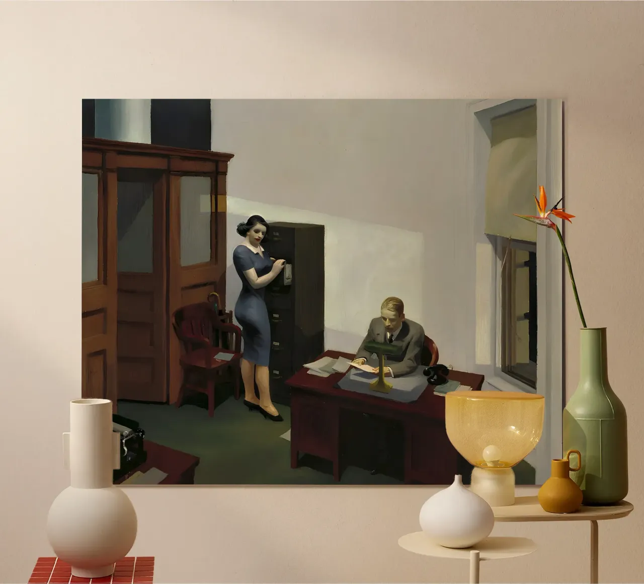 L'"Ufficio di notte" di Hopper - Realismo americano e isolamento urbano poster con telaio in legno da NorwesClub