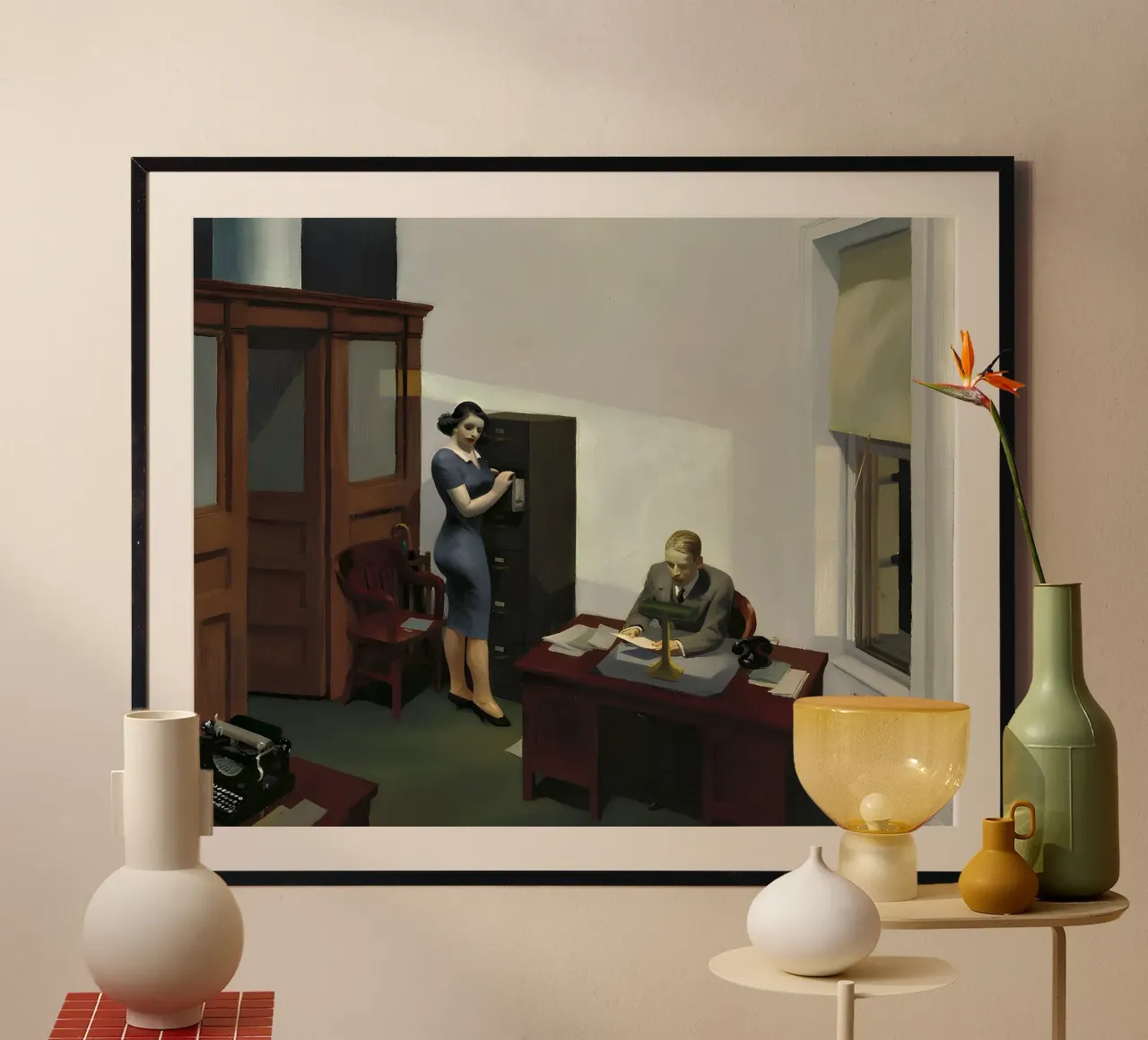 L'"Ufficio di notte" di Hopper - Realismo americano e isolamento urbano poster con telaio in legno da NorwesClub