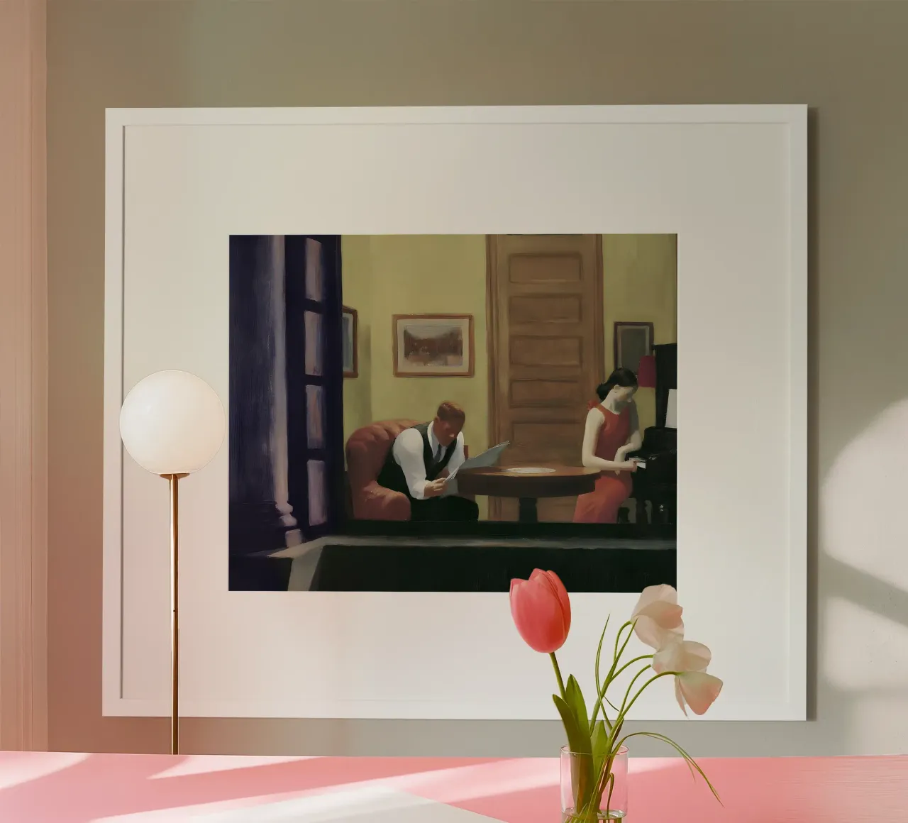 Hopper's "Kamer in New York" - Amerikaans realisme en stedelijke intimiteit poster met houten frame van NorwesClub