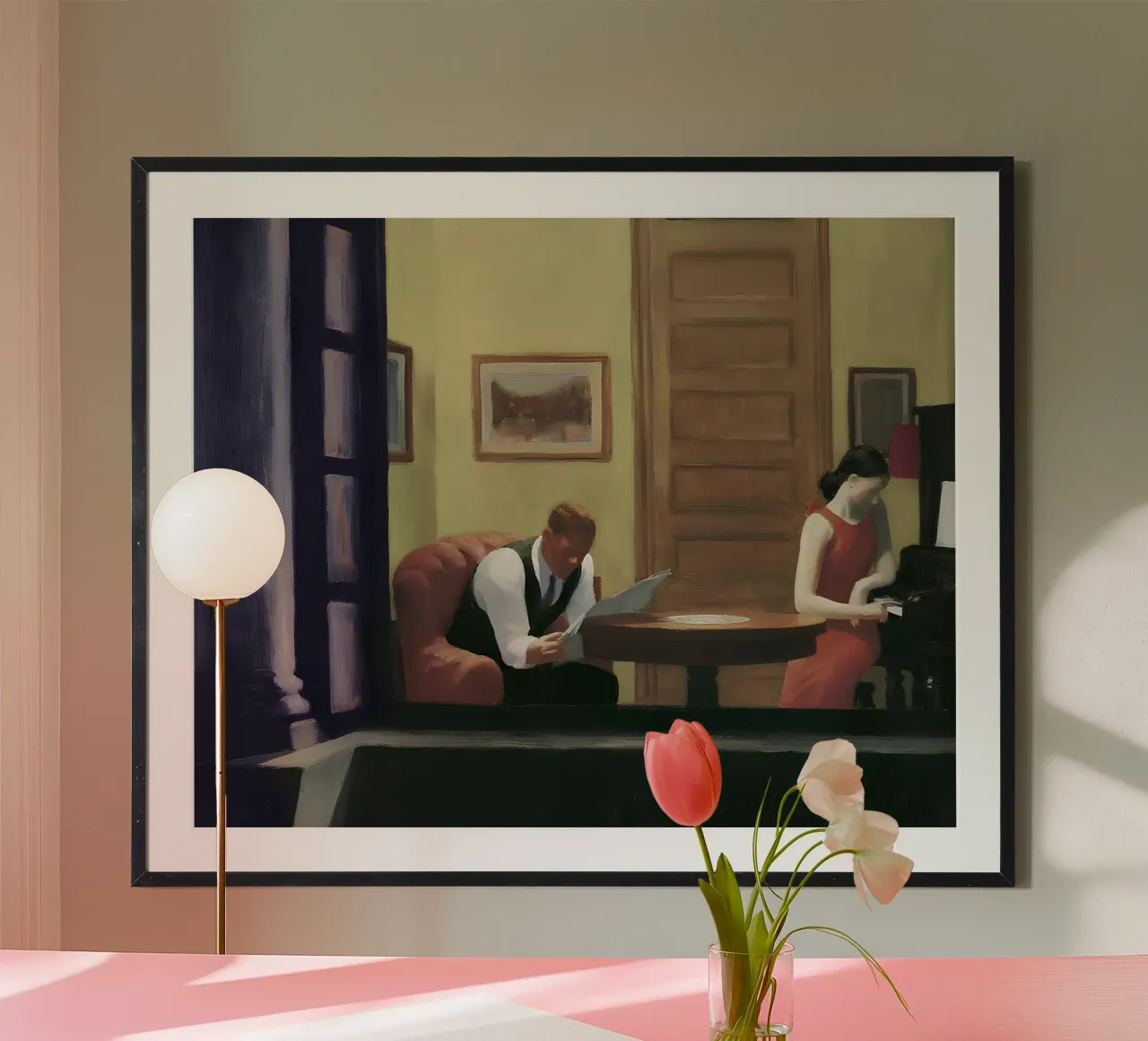 Hopper's "Kamer in New York" - Amerikaans realisme en stedelijke intimiteit poster met houten frame van NorwesClub