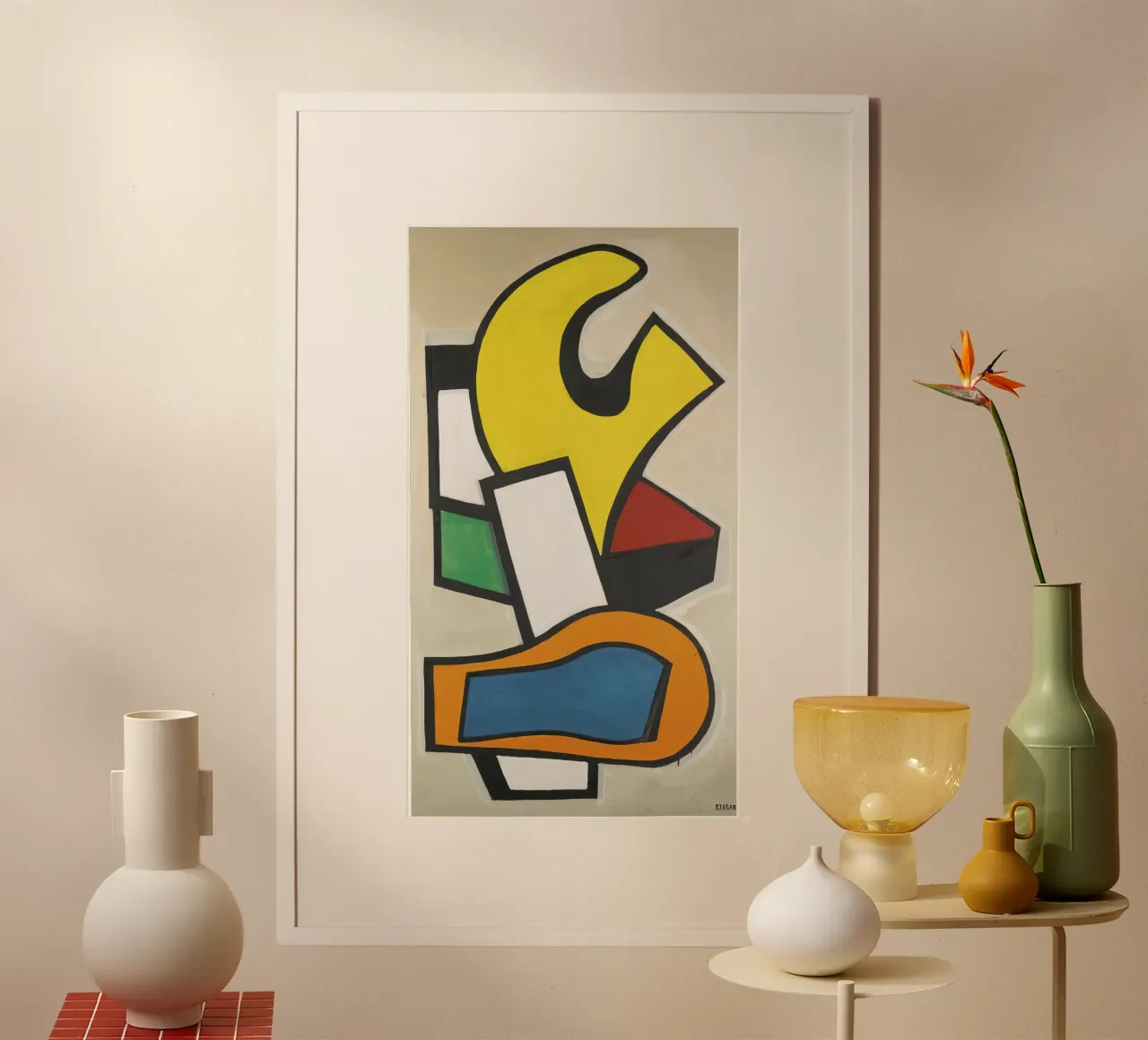 Murale sur fond jaune" de Léger - Abstraction cubiste audacieuse et modernité De poster avec cadre en aluminium de NorwesClub