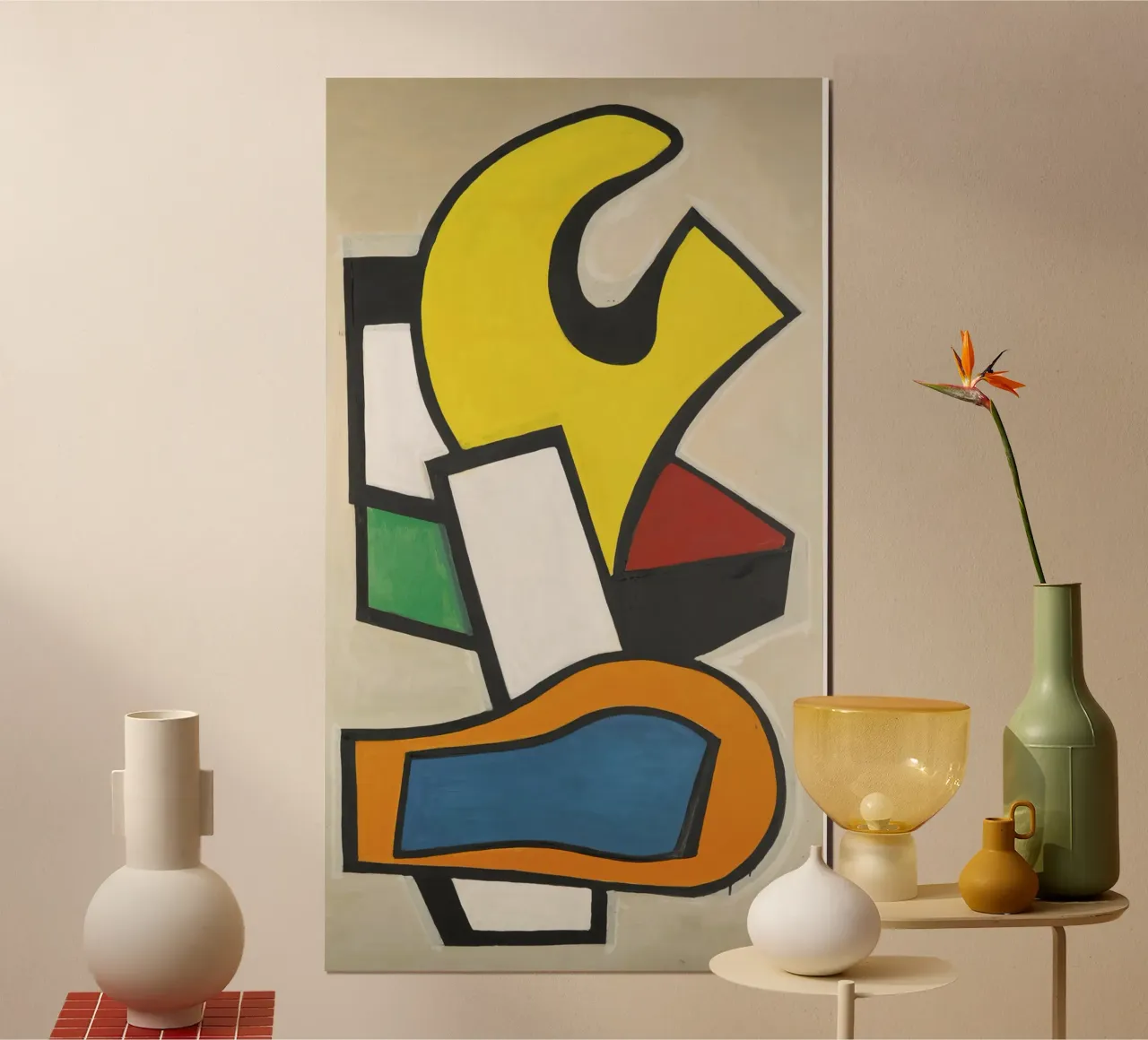 Murale sur fond jaune" de Léger - Abstraction cubiste audacieuse et modernité De poster avec cadre en aluminium de NorwesClub