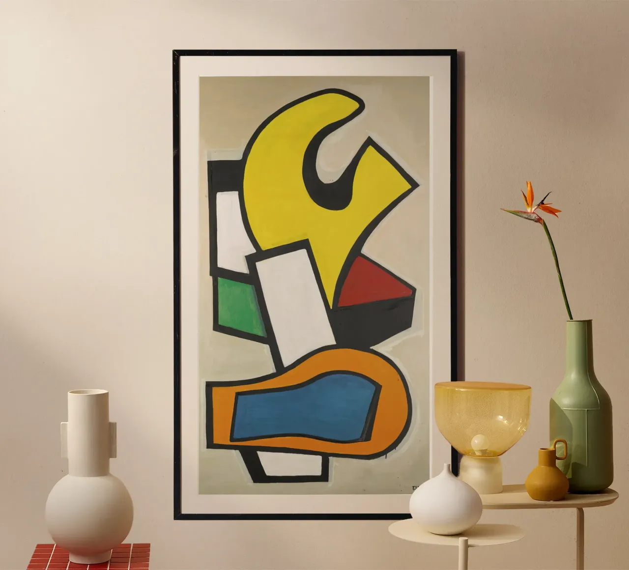 Murale sur fond jaune" de Léger - Abstraction cubiste audacieuse et modernité De poster avec cadre en aluminium de NorwesClub