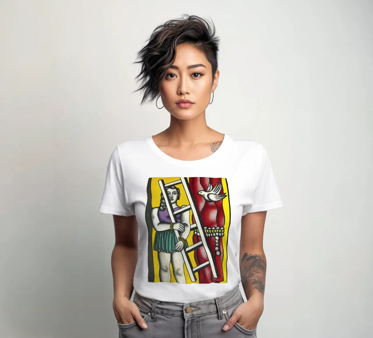 Fernand Léger Arte circense cubista: Ragazza vibrante con scala e t-shirt da donna da NorwesClub