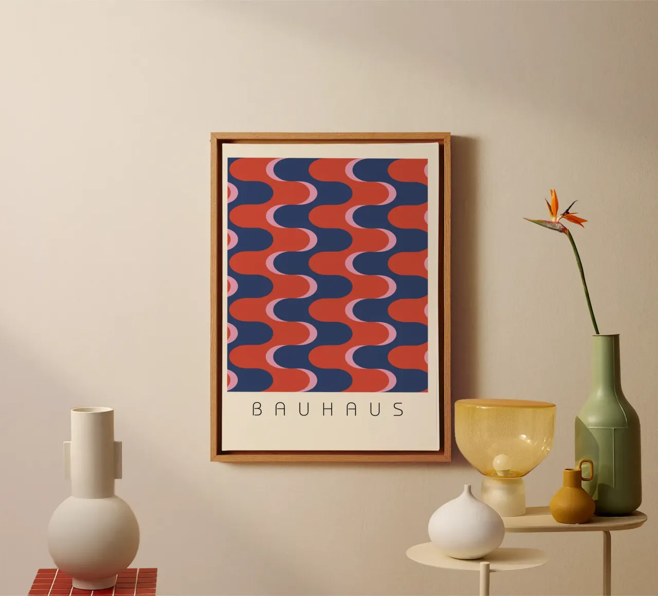 Bauhaus Groovy Waves: Retro Geometric Abstract Art Print canvas with Floater frame by NorwesClub