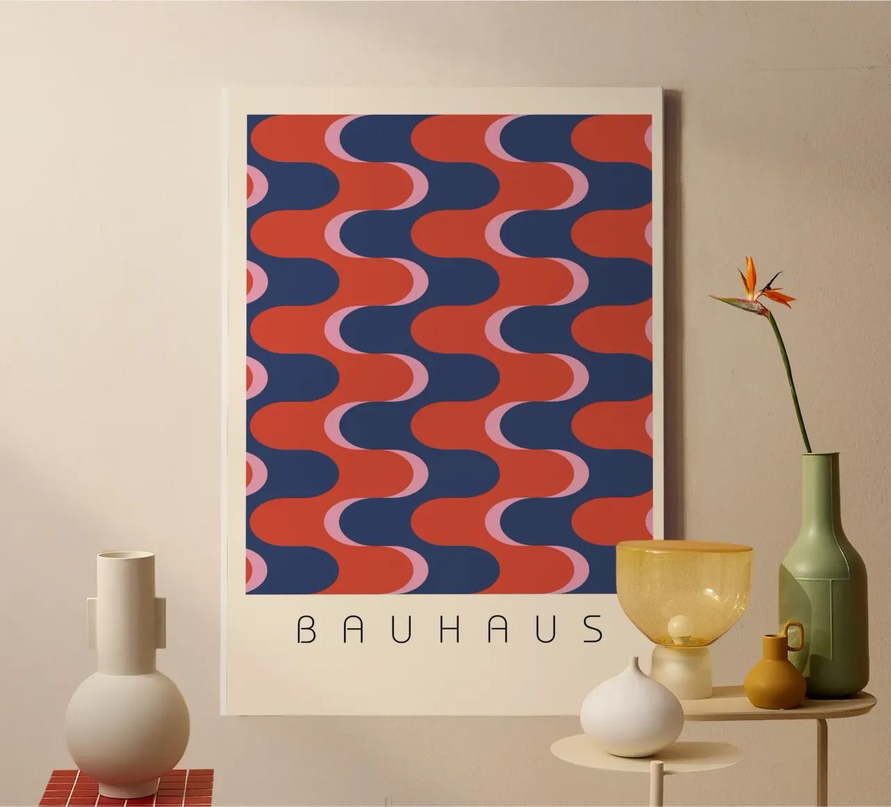 Bauhaus Groovy Waves: Retro Geometric Abstract Art Print canvas with Floater frame by NorwesClub