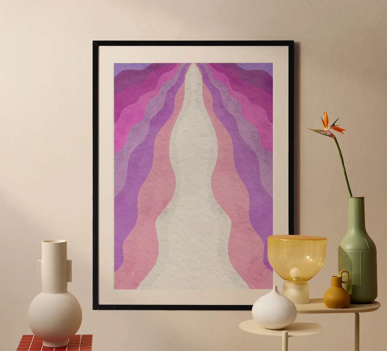 Aura astratta ondulata: stampa d'arte moderna a gradiente rosa-viola poster con telaio in alluminio da NorwesClub