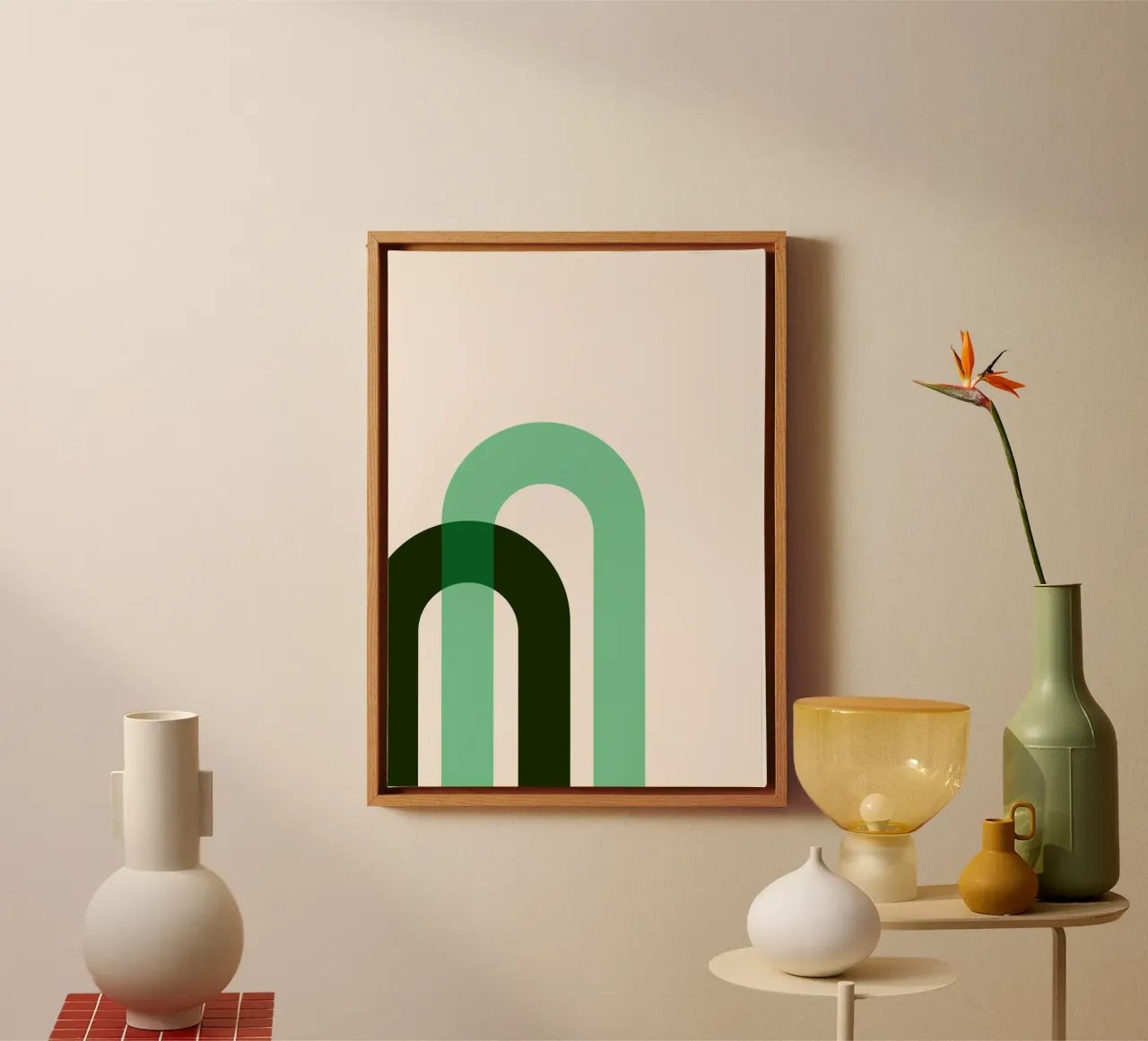 Abstracte bogen: Minimalistische groene Bauhaus geïnspireerde print canvas met Baklijst van NorwesClub