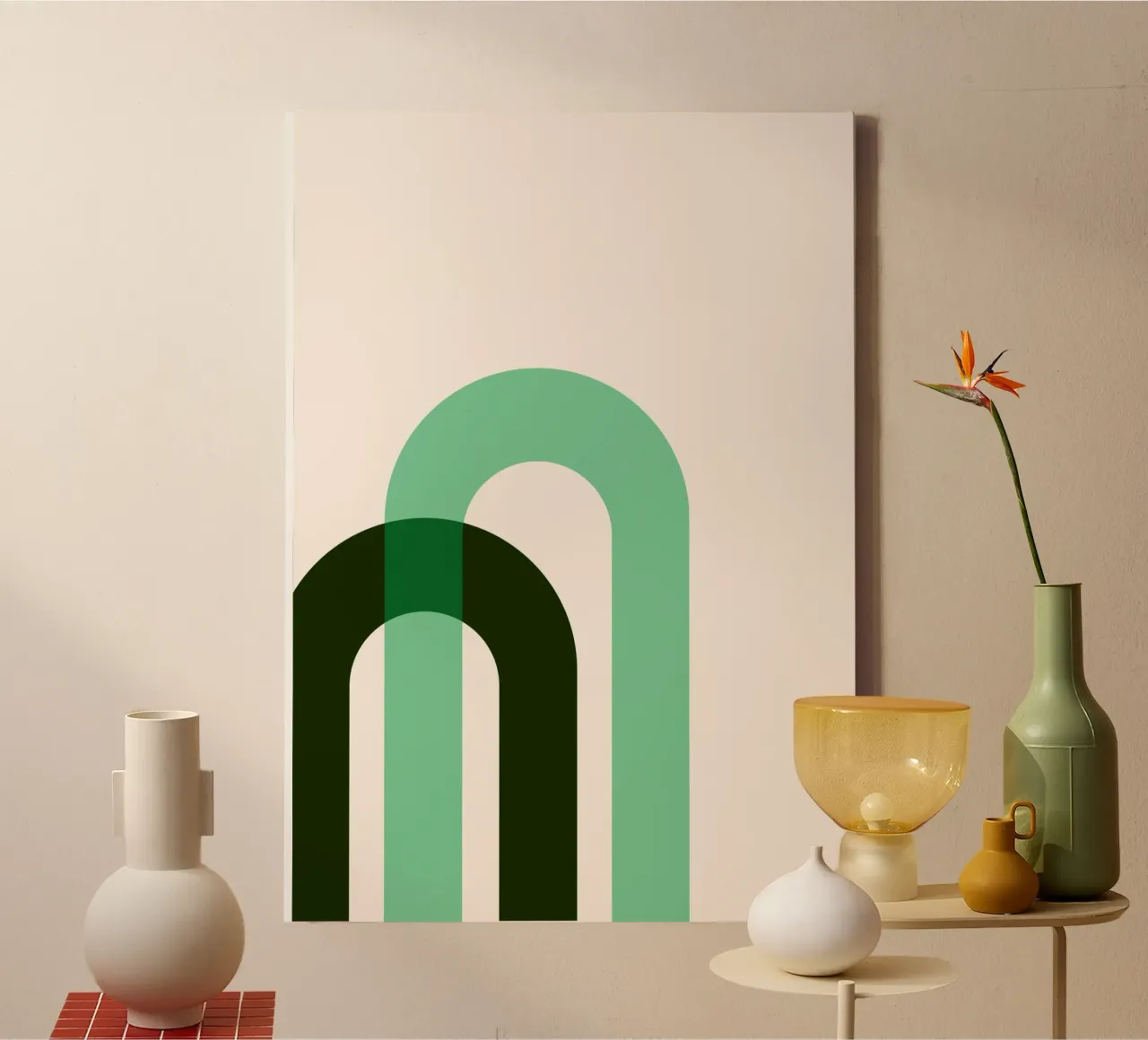 Abstracte bogen: Minimalistische groene Bauhaus geïnspireerde print canvas met Baklijst van NorwesClub
