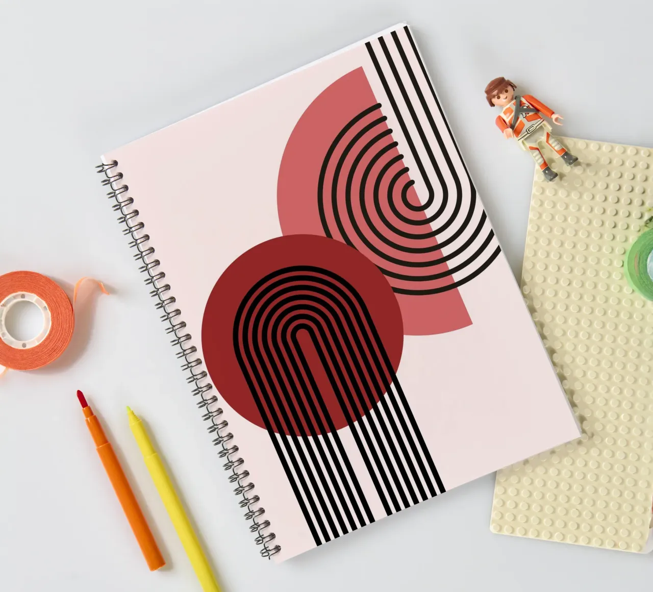 70s Arch Abstract Print - Red & Black Boho Geometric Art spiral notebook by NorwesClub