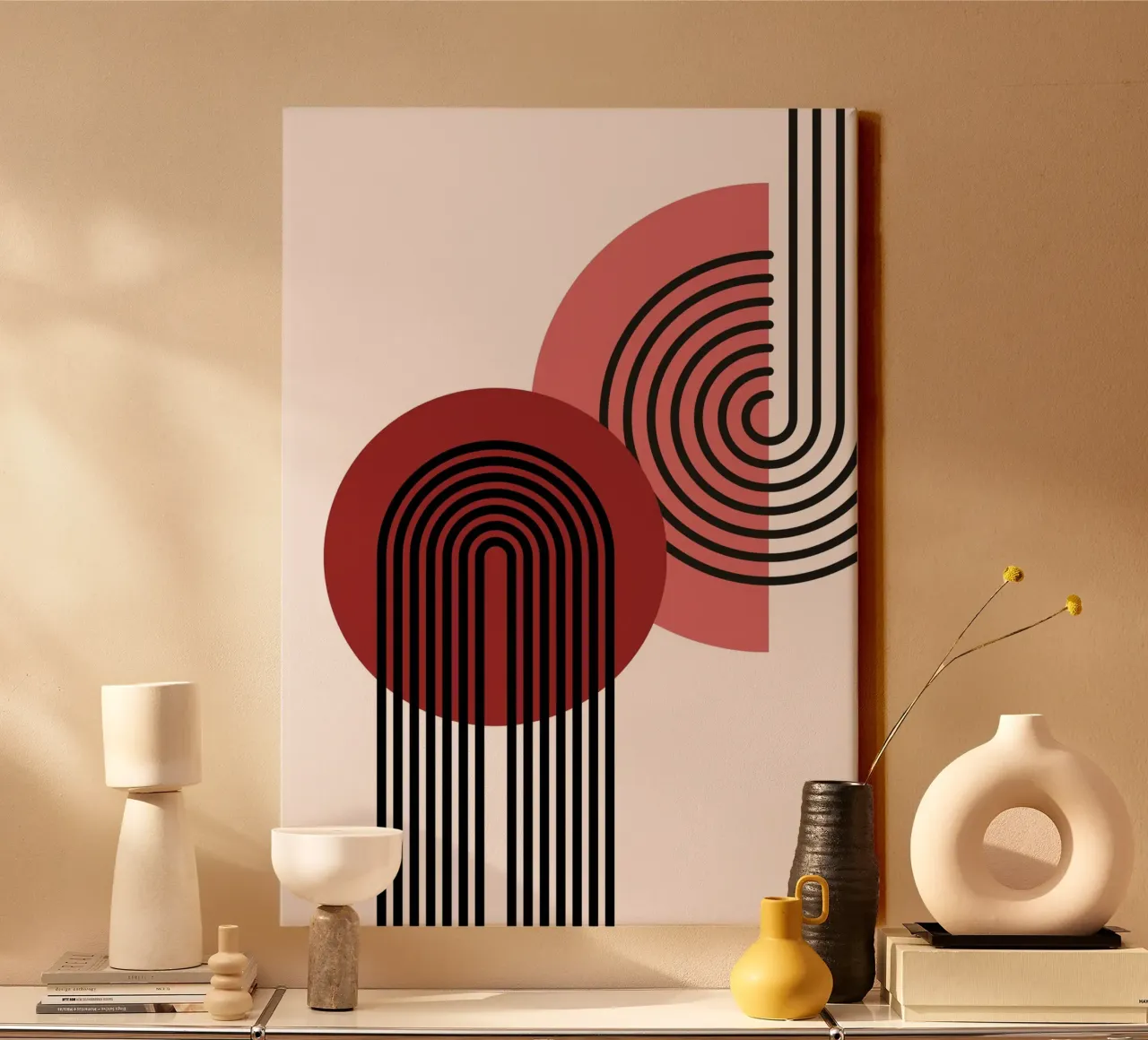 70s Arch Abstract Print - Red & Black Boho Geometric Art canvas by NorwesClub