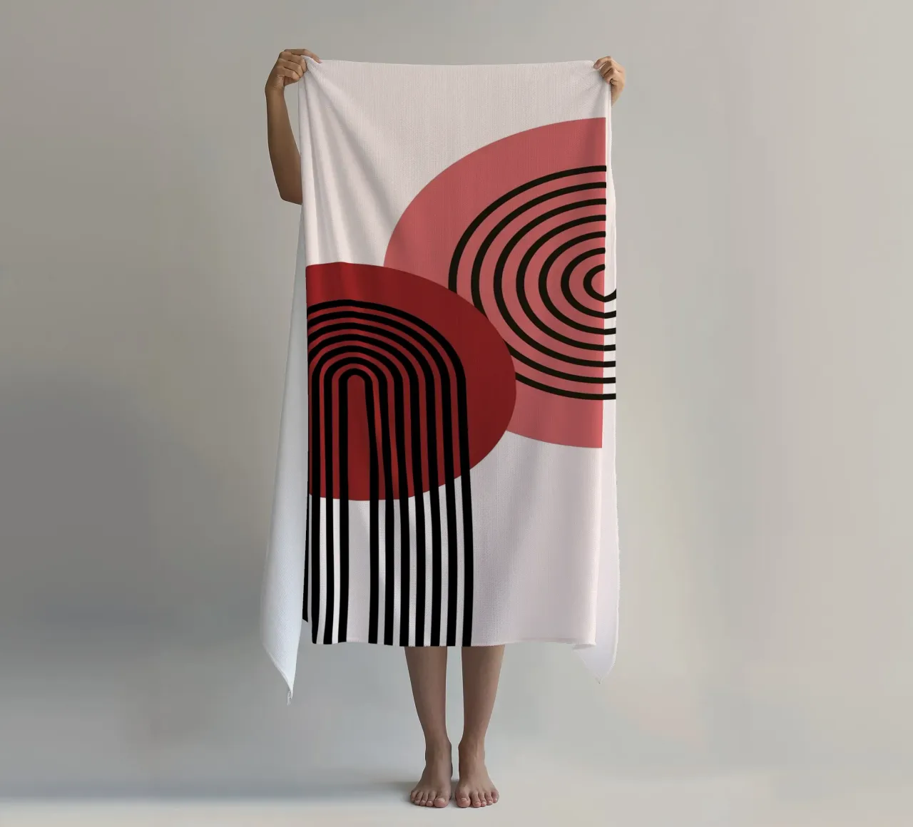 70s Arch Abstract Print - Red & Black Boho Geometric Art beach towel by NorwesClub
