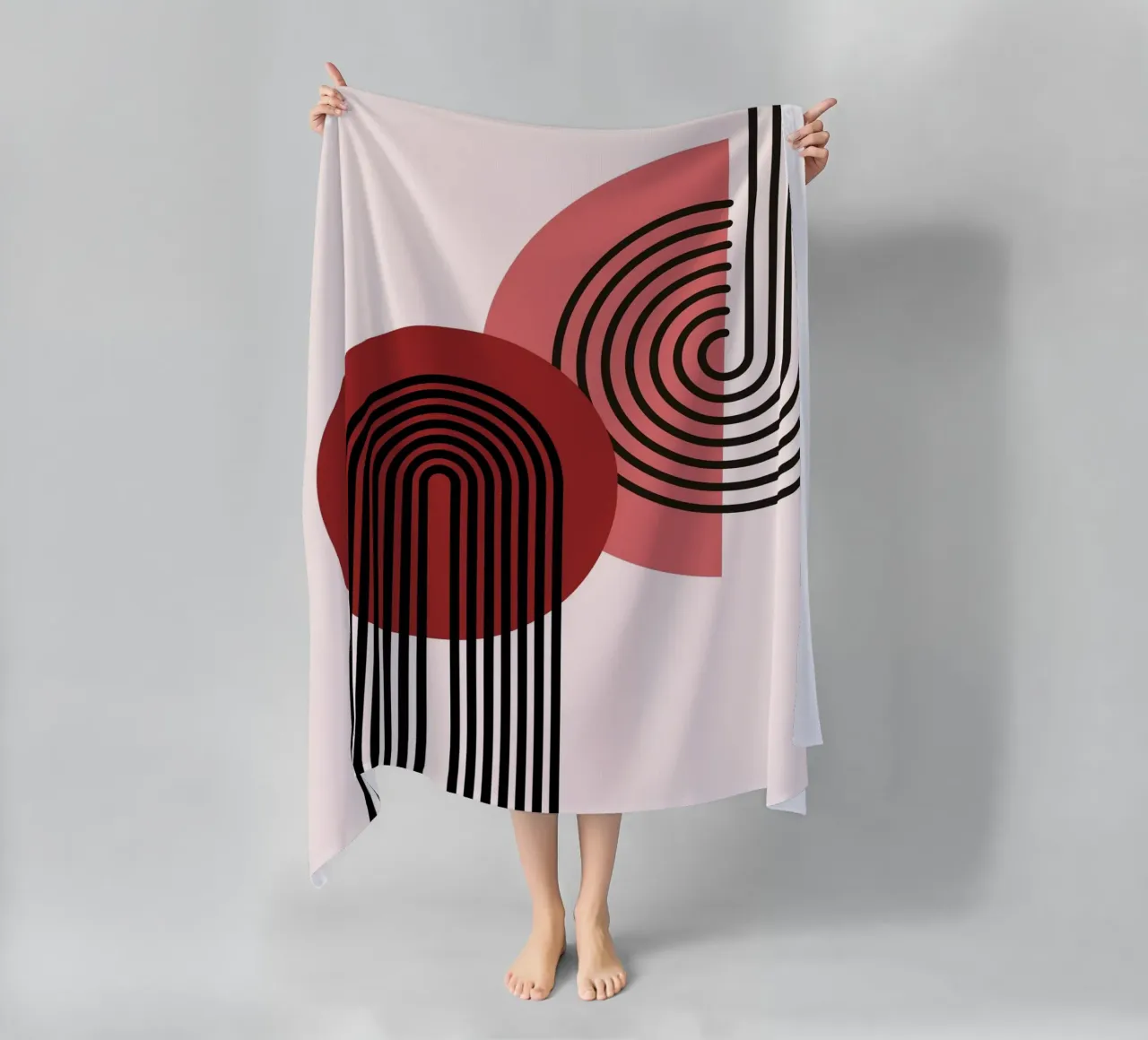 70s Arch Abstract Print - Red & Black Boho Geometric Art beach towel by NorwesClub