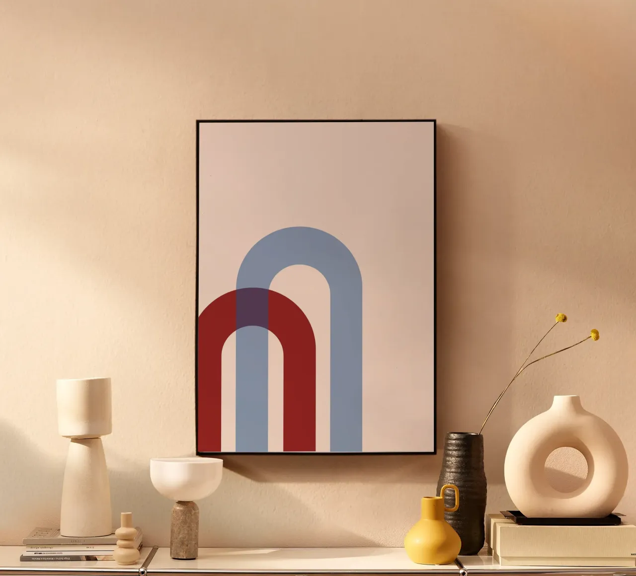 Minimalistische boog abstracte print - blauw en rood overlappende kunst acryl van NorwesClub