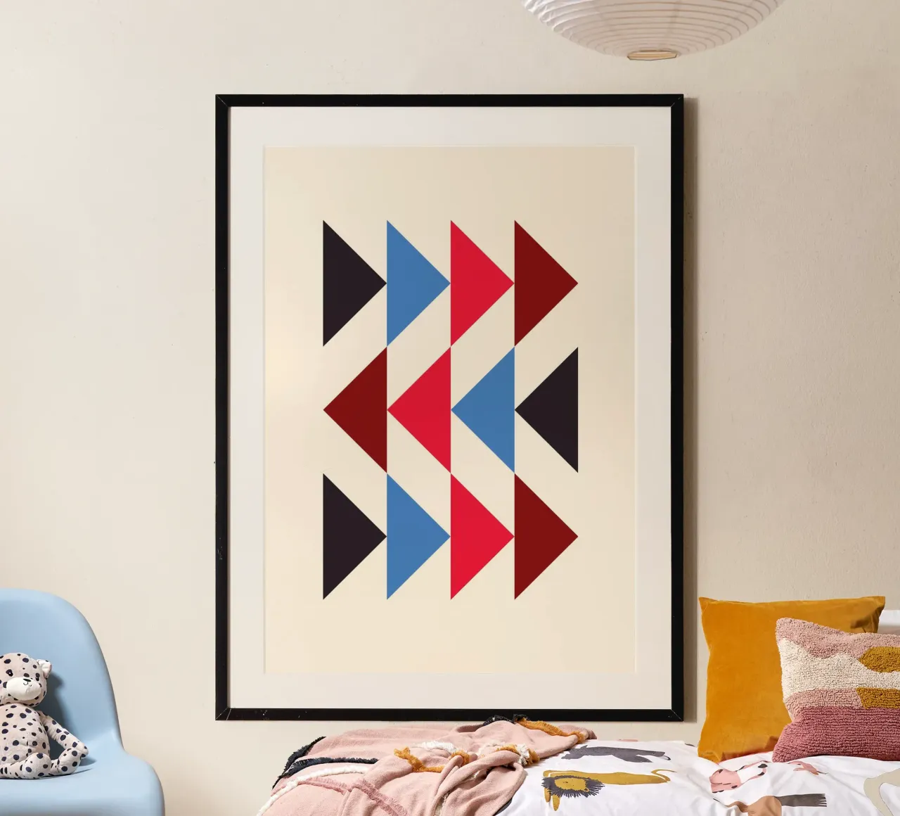 Geometric Triangle Pattern Print - Red Blue Black Modern hahnemühle by NorwesClub