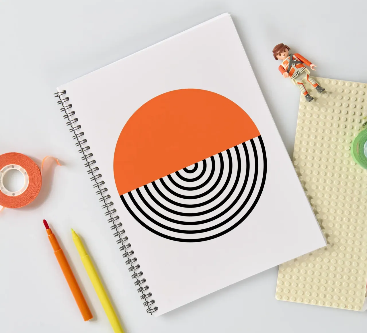 Abstract Geometric Circle Print | Orange & Black Lines spiral notebook by NorwesClub