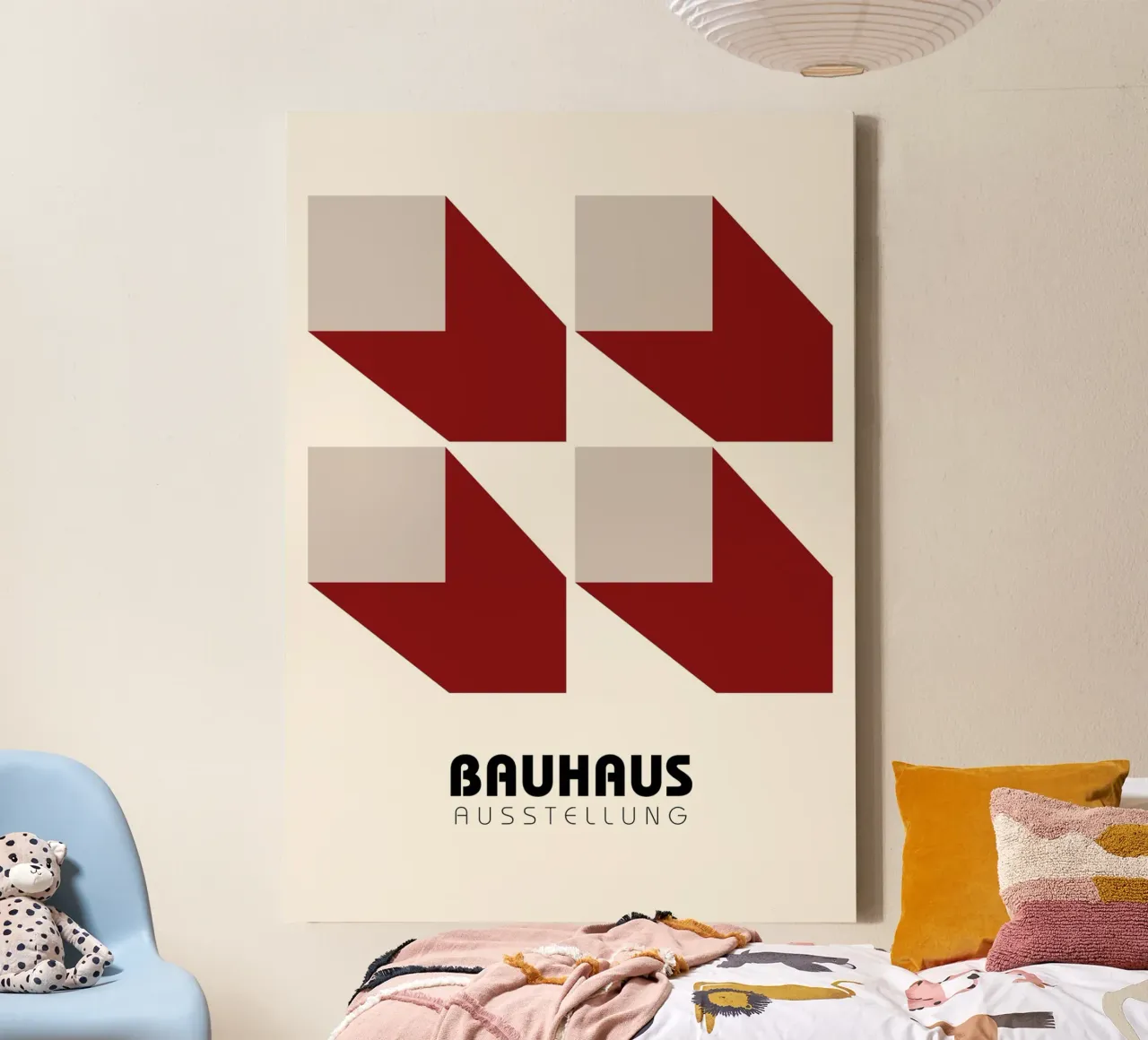 Bauhaus Mostra 3D Forme Geometriche Poster | Rosso Grigio tela con Cornice a cassetta da NorwesClub