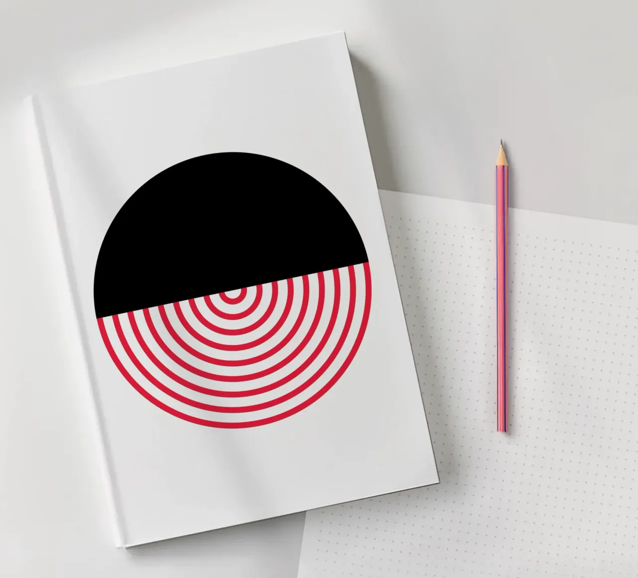 Geometric Split Circle Red Arcs Modern Art Print notebook by NorwesClub